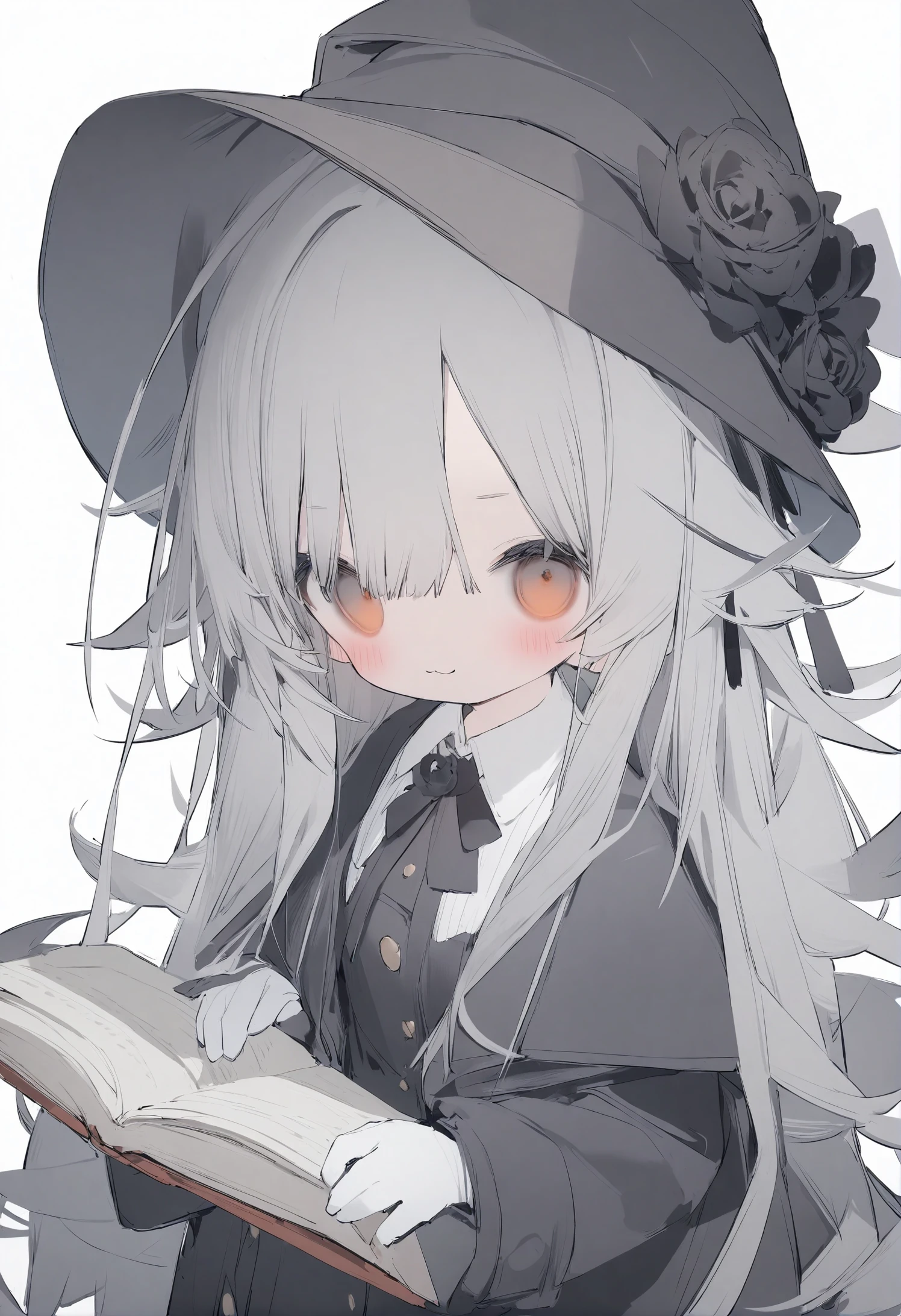 1girl,
nanmokaken,
shirt, grey hair, flower, gloves, orange eyes, ribbon, black rose, holding, black headwear, holding book, long hair, looking at viewer, rose, :3, neck ribbon, very long hair, black ribbon, simple background, black coat, white gloves, white ribbon, long sleeves, book, collared shirt, coat, closed mouth, hair ribbon, solo focus, open book, blush, white background, white shirt, black flower,
masterpiece, best quality, newest, safe
<lora:nanmokaken_image36_2024-03-28_a31-000045:1>