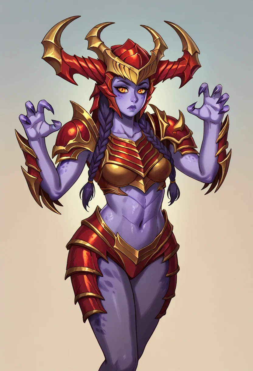 score_9, score_7_up BREAK shyvana,purple skin, helmet, horns, braids, monster girl,shoulder armor, red armor, shoulder plates, navel, pauldrons,claw pose <lora:riz_pd_dora:1> <lora:shyvana-guy-PON-LyCORIS-Yv1:0.7>