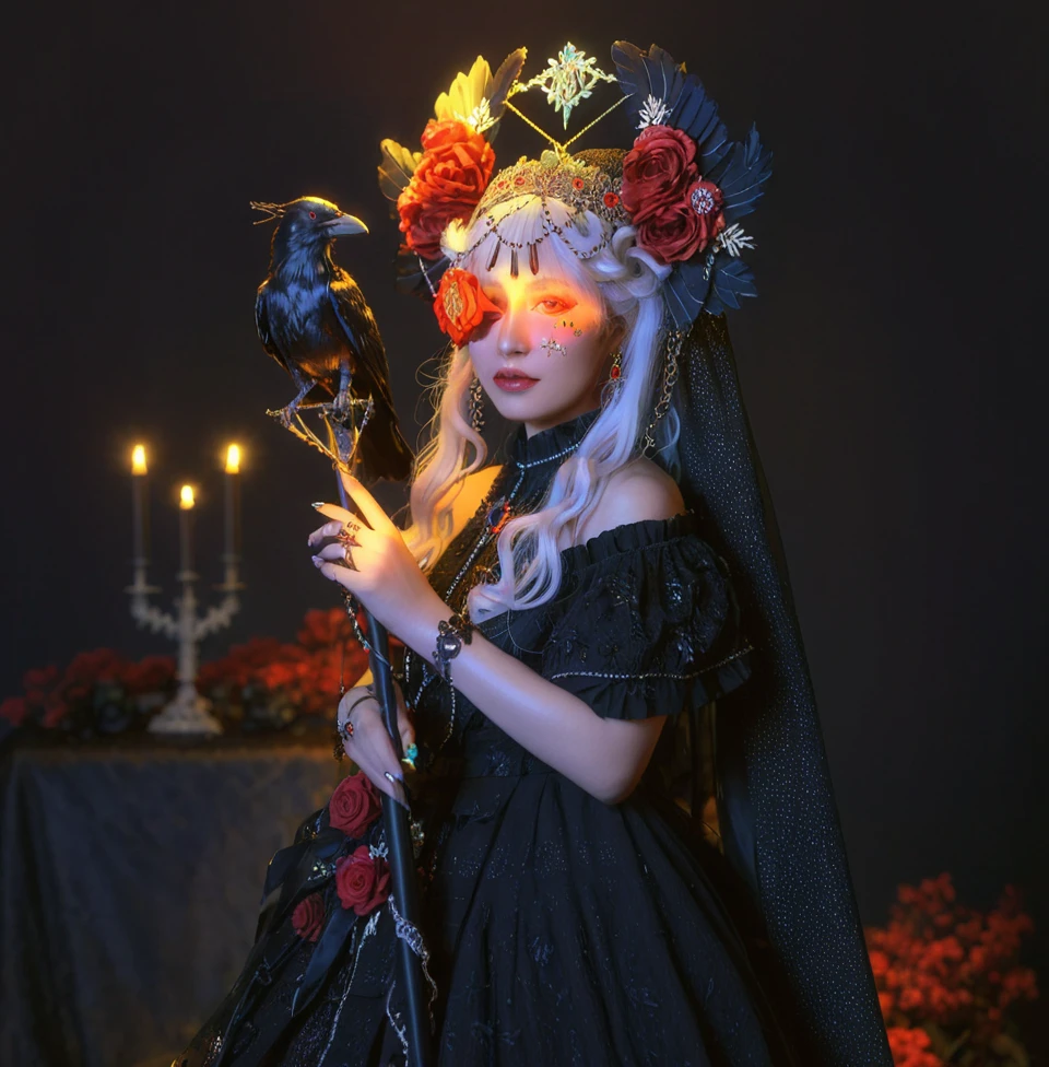 (A crow stands on the woman's shoulder:1.5),gothic girl,1girl,red flower,solo,flower,dress,ring,black dress,jewelry,red rose,candle,rose,glowing,long hair,holding,veil,hat,white hair,wand,hair ornament,hair flower,off-shoulder dress,looking at viewer,off shoulder,glowing eyes,facial mark,nail polish,exquisite makeup,gothic-style clothing,the refracted sunlight shines on the face and hands,the refracted sunlight shines on the face,frontal view,rose scepter,side view,<lora:ä¹é¸¦å°å¥³-000004:0.4>,kind_smile,(path),nature,sea,