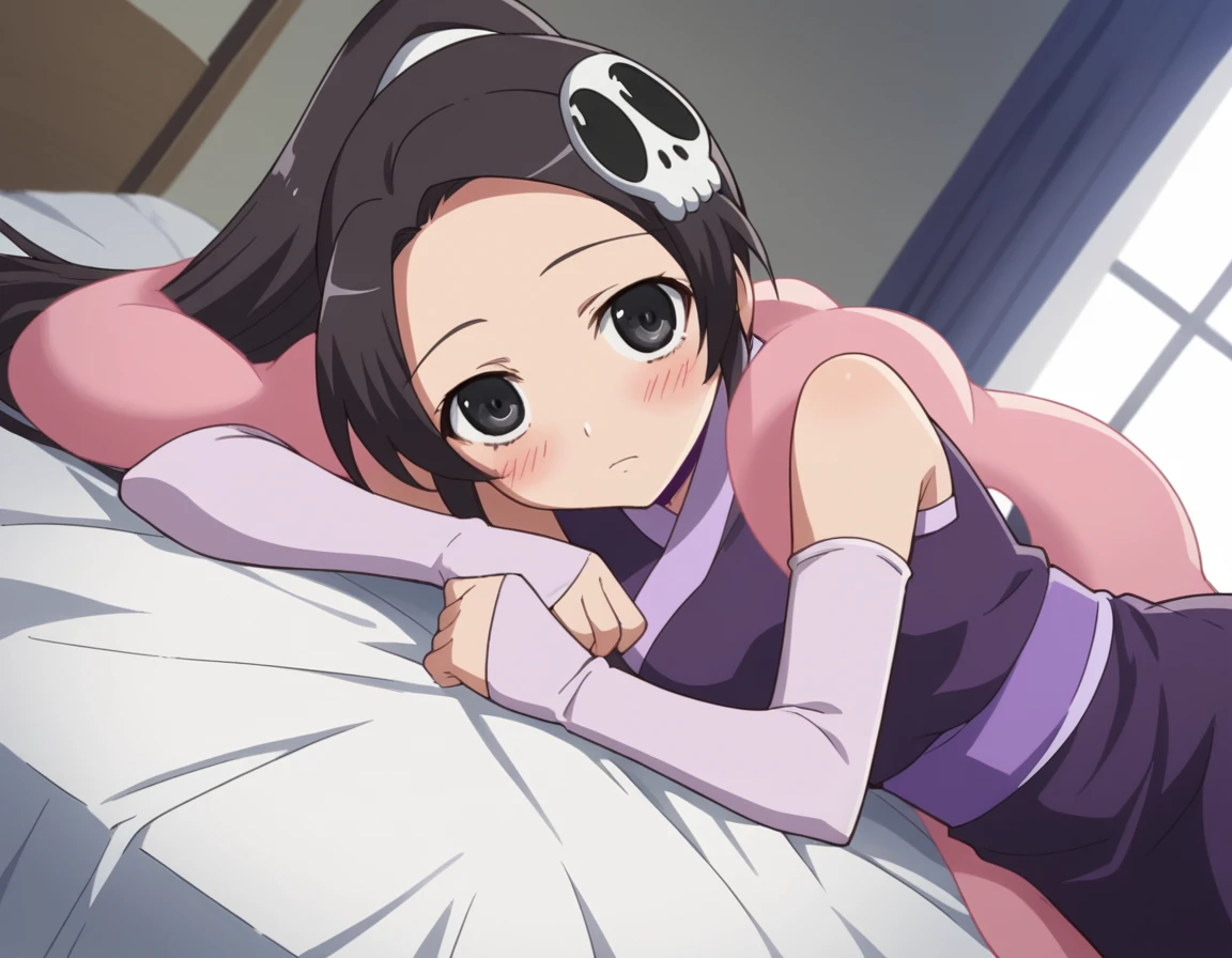 score_9, score_8_up, score_7_up, source_anime,
eluciadeluteima, <lora:elucia-de-lute-ima-s1s2-ponyxl-lora-nochekaiser:1>,
elucia de lute ima, forehead, black hair, black eyes, hair ornament, skull hair ornament, ponytail,
japanese clothes, dress, purple dress, sleeveless, hagoromo, shawl, elbow gloves,
indoors, bed, bed room, on side, blush, drunk,
looking at viewer, cowboy shot, solo, dutch angle,