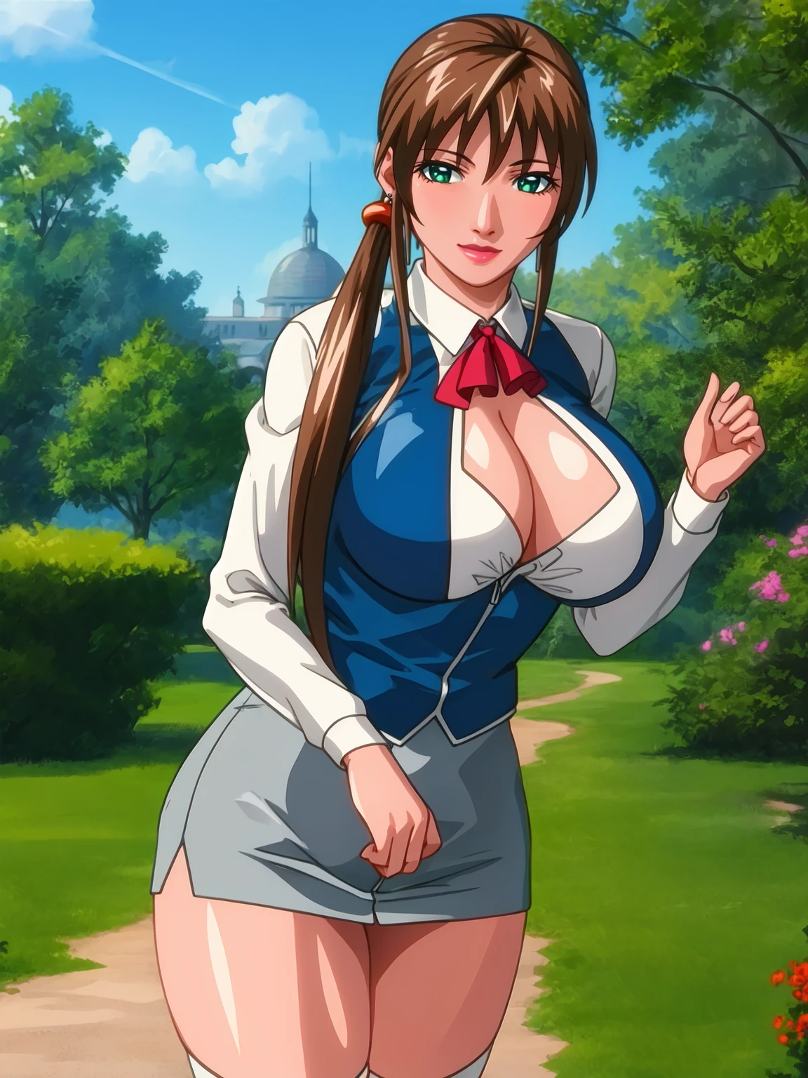 high quality, masterpiece,
Imari Kurumi is standing, cowboy girl,
1girl, mature female, solo,
looking at viewer, light smile, half-closed eyes,
brown hair, sidelocks, side ponytail, green eyes, earrings, hair tie,
white shirt, blue vest, blue miniskirt, grey thighhighs,
curvy, large breasts, cleavage, thighs,
outdoors, tree, park, garden, grass, complex background, epic, day, blue sky,
<lora:ImariKurumiNewTestament15:1>