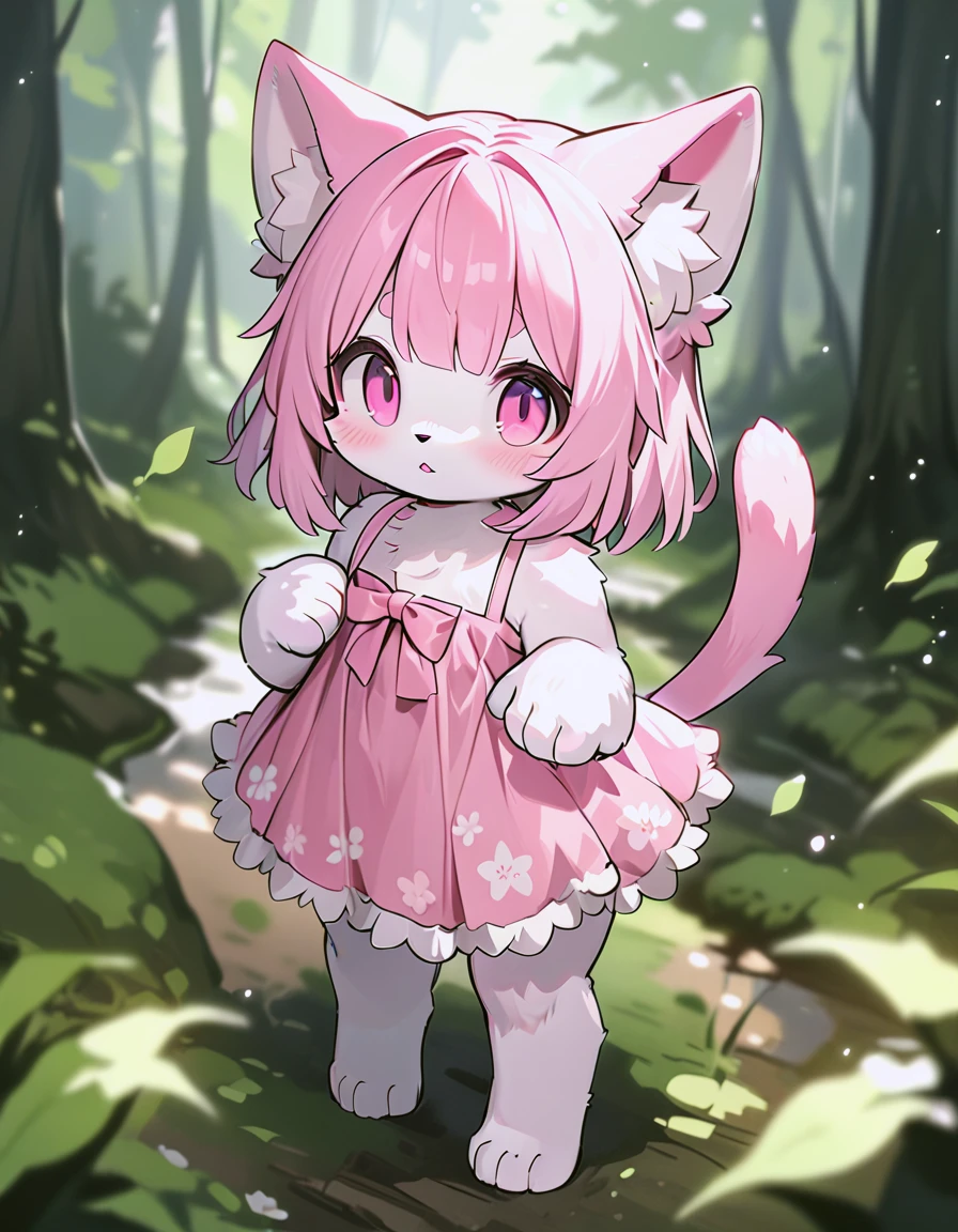 cute furry cat girl, pink hair, white fur, blunt bangs, short bob hair, pink eyes, cat tail,

white and pink dress,
looking at viewer,
in forest, full body,

best quality, ultra-detailed, detailed face,