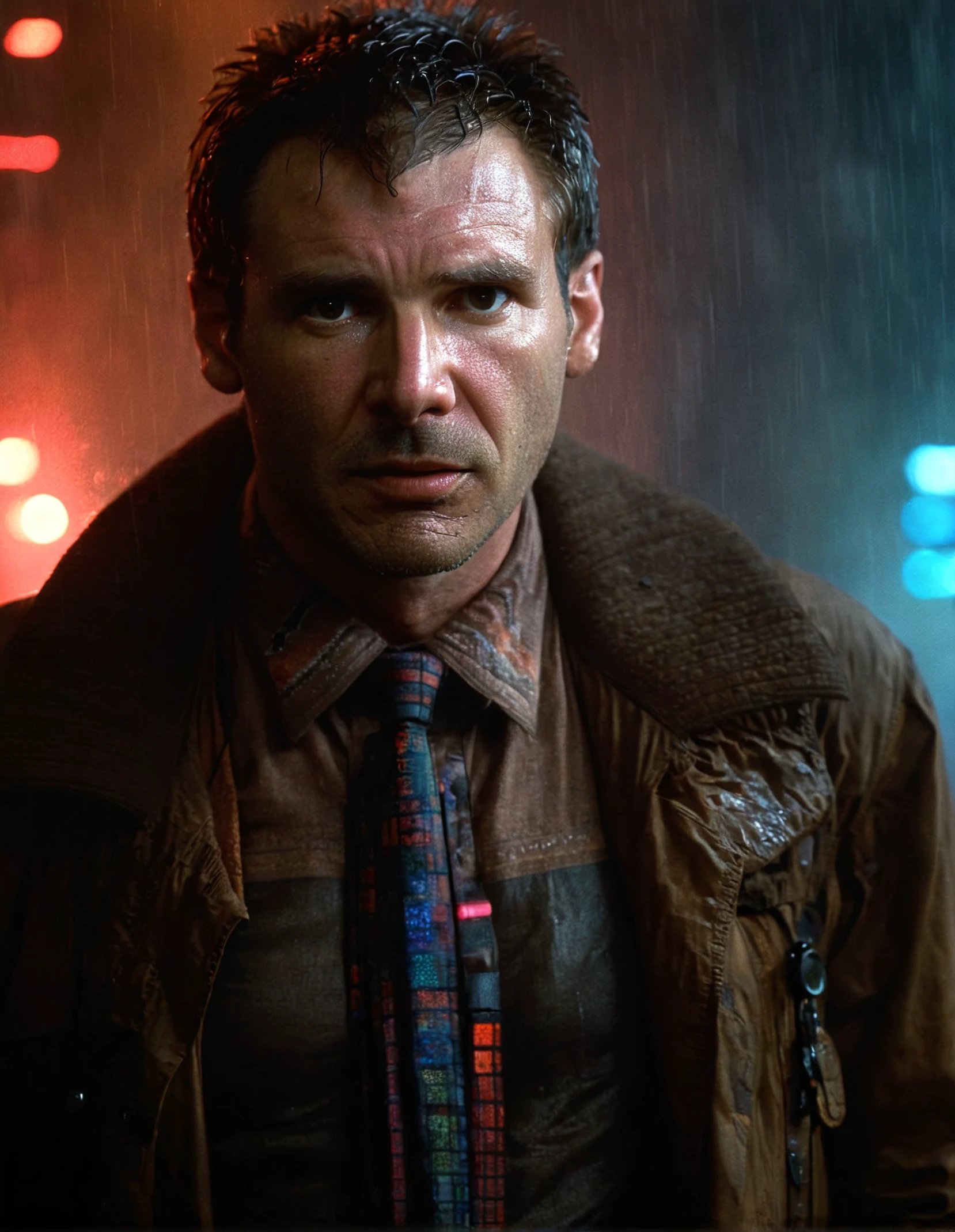 dck,high resolution photo,brown jacket,multicolored shirt and tie,standing,raining,blade runner background,gloomy,dimly lit
,volumetric lighting,volumetric fog,front view,cinematic,movie still,looking at viewer,volumetric lighting,rim lighting,illuminated face,realistic skin,pores,sweaty skin