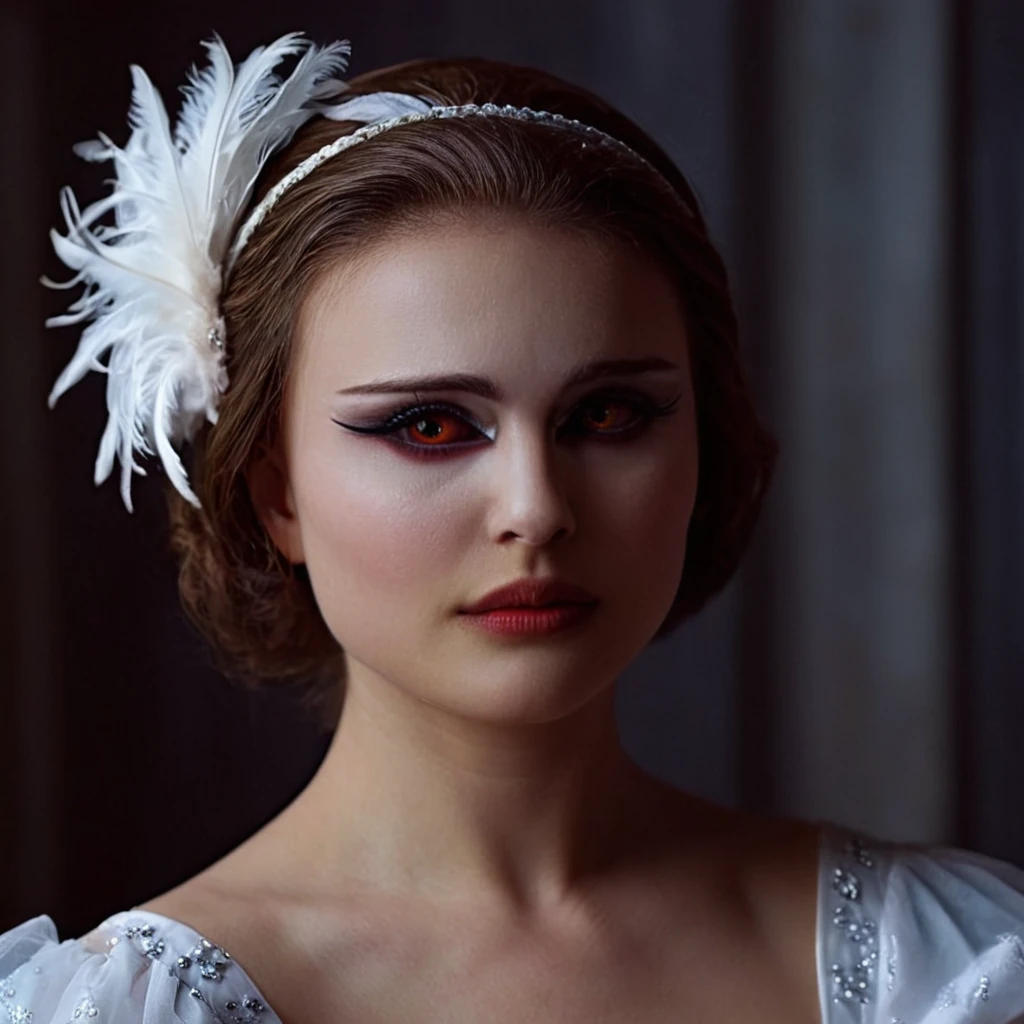 cinematic film still of <lora:add-detail-xl:0.1>1
<lora:detailed:0.3> realism
<lora:perfection style:0.2> perfect
<lora:eyetune:0.6>
<lora:xl_more_art-full_v1:0.1>
<lora:Ron Fricke style:0.3>
<lora:Unreal Engine style:0.3>
<lora:TeethXL:0.3>
<lora:Chiaroscuro Lighting Style:0.3>
<lora:Black Swan:1>
Black Swan a woman in a white dress with a feathered headband, gothic, dim, ballerina, horror movie themed, sharp, detailed, epic photography, artistic, dramatic light, cinematic style, film style, Black Swan style, 1girl, solo, looking at viewer, brown hair, red eyes, bare shoulders, brown eyes, upper body, lips, realistic, short hair, dress, earmuffs
, shallow depth of field, vignette, highly detailed, high budget, bokeh, cinemascope, moody, epic, gorgeous, film grain, grainy