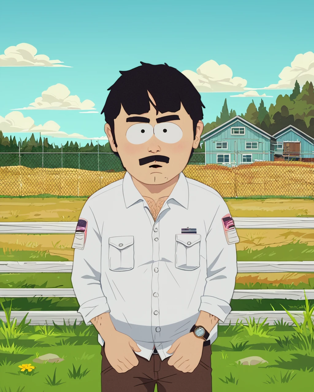 score_9, score_8_up, score_7_up, zPDXL,Randy Marsh, SPstyle, source_cartoon, 2D, 1boy, male focus, outdoors, mustache, fence, facial hair, blue sky, cloud, breast pocket, black hair, day, style parody, looking at viewer, grass <lora:South_Park_Style_r1:1>