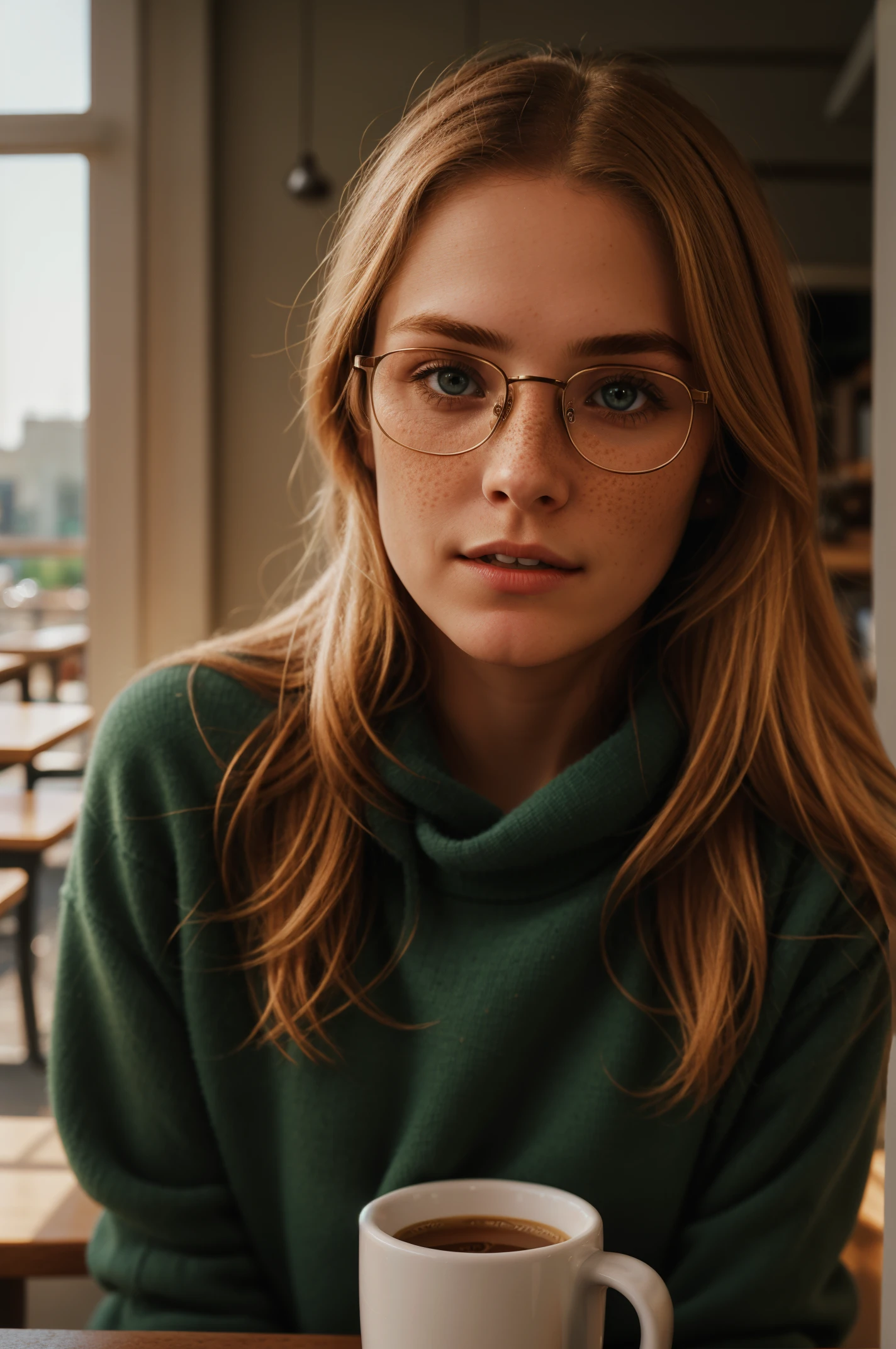 a ordinary young women, with long straight blonde hair, with freckles, wears glasses, 18 years old, blonde hair, she drinks small espresso in sunny cafe, a mug, wears casual pullover, sitting, close-up portrait, close-up of her face, detailed, hdr, epic background, digital illustration, comic style, dynamic, highly detailed, artstation, concept art, smooth, sharp focus, detailed background, 60-30-10 color rule, warm tones, godrays, global illumination, detailed and intricate environment <lora:better freckles_epoch_12:1>