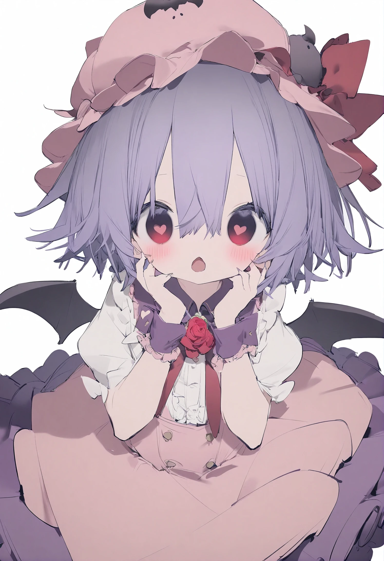 1girl,
nanmokaken,
red rose, wide-eyed, red flower, red ribbon, flower, heart-shaped pupils, shirt, heart, open mouth, purple skirt, flower brooch, hands on own cheeks, hands on own face, collared shirt, bat \(animal\), brooch, sharp fingernails, white background, symbol-shaped pupils, jewelry, puffy sleeves, skirt, frilled shirt, wrist cuffs, fingernails, frilled sleeves, white shirt, short hair, frilled cuffs, hat, pink dress, bow, rose, frills, looking at viewer, red bow, blush, mob cap, wings, frilled shirt collar, bat wings, ribbon, red eyes, simple background, purple hair, hat ribbon, dress,
masterpiece, best quality, newest, safe
<lora:nanmokaken_image36_2024-03-28_a31-000045:1>