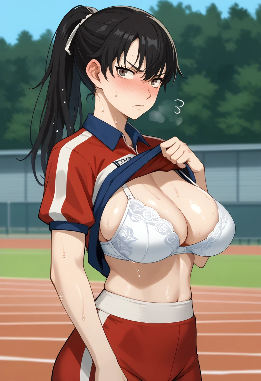 score_9,score_8_up,score_7_up,score_6_up,score_5_up,score_4_up, BREAK, 1girl, solo, (looking at viewer), scenery, outdoors, large breasts, sagging breasts, clothes lift, white bra, black hair, tomboy, athlete, track and field athlete uniform, full-face blush, cowboy shot, annoyed, steaming body, ponytail,, sweat, wet, shiny skin,