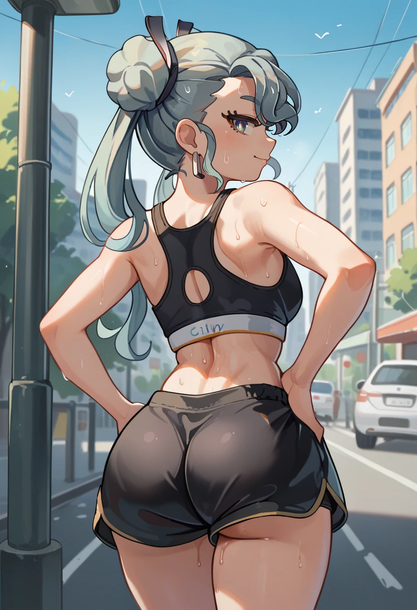 score_9, score_8_up, score_7_up, source_anime, from behind, solo, 1girl, flyingmiku, sweat, seductive smile, looking back, hands on own hips, twintails, double bun, black sports bra, black shorts, short shorts, ass, outdoors, city street <lora:projectvoltage_flyingmiku_ponyXL:1>