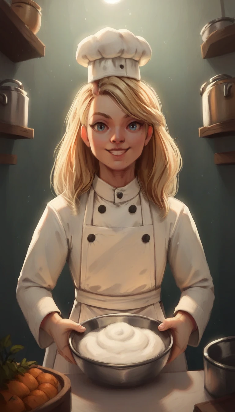 zPDXL, score_9, score_8_up, score_7_up, score_6_up, score_5_up, score_4_up, BREAK shading, blonde chef, beautiful face, bright blue eyes, long wavy blonde hair, wearing a classic white chef's hat, white chef's jacket, apron, standing in a modern kitchen, stainless steel appliances, wooden countertops, holding a mixing bowl, smiling, happy expression, flour dust on cheeks, vibrant lighting, colorful vegetables on the counter, pots and pans hanging in the background, POV from the front, character looking at the viewer, inviting atmosphere, culinary tools,, <lora:renee:1>