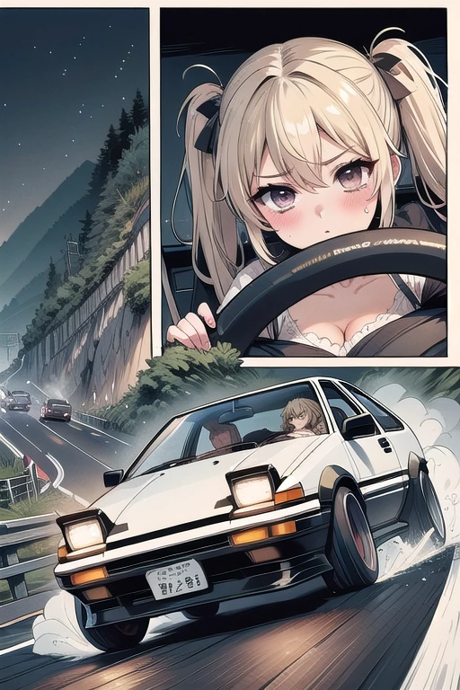 (((masterpiece))), (((best quality))), (((from below))), (((drifting style))), ((comic)), ((manga)), motion lines, motion blur, speed, driving, sports car, holding steering wheel, seatbelt, sweat, ruthless, reflection, wet, dust, wind, cliff, night, slope, uphill, downhill, AE 86, Initial D, mountain road, starry sky, solo, 1girl, blonde twintails, sweating, serious, cleavage, big tits, shy, blush, slim figure, <lora:50pics_driftingstyle:0.9>