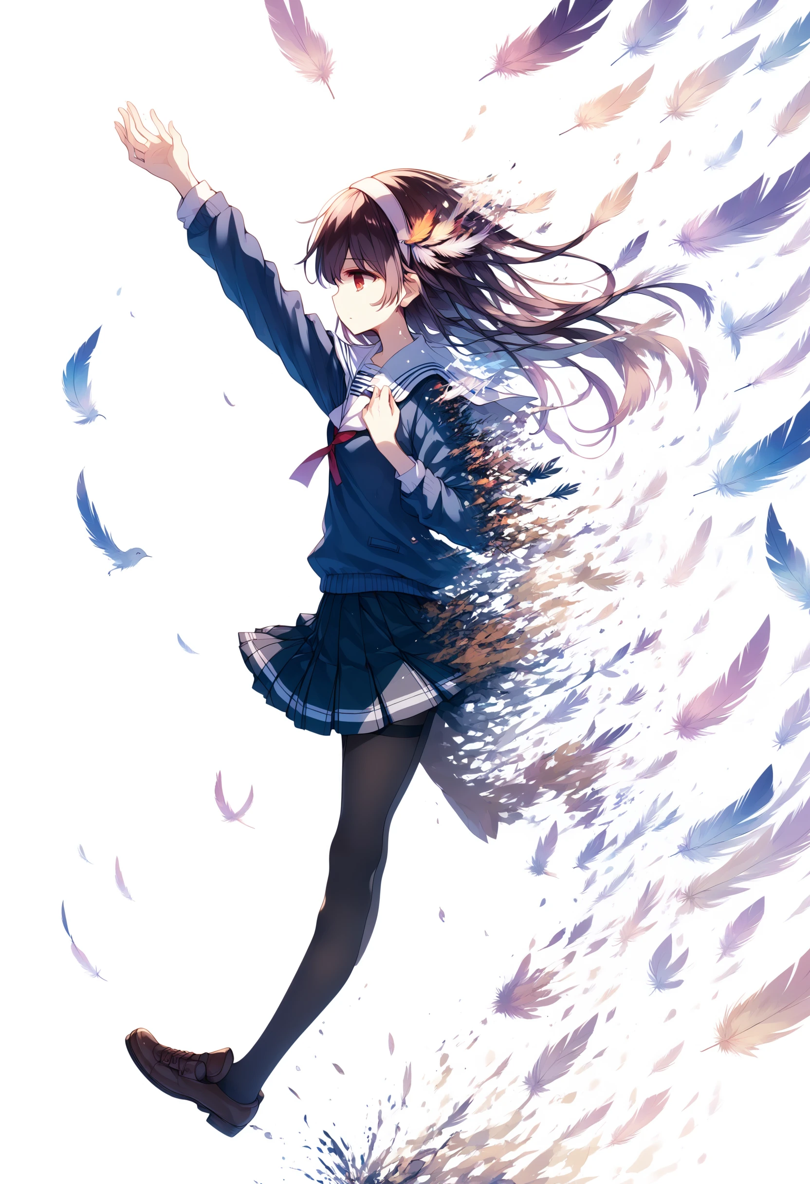 score_9, score_8_up, score_7_up, source anime, dissolving, disintegration, digital dissolve, kasumigaoka utaha, 1girl, feathers, red eyes, long hair, hairband, black hair, school uniform, pleated skirt, thighband pantyhose, loafers, floating hair, hands up, white background, from side, <lora:dissolving-xl-pony-v2-000008:1.2>, <lora:utaha-xl-pony-v3-000006:1>,