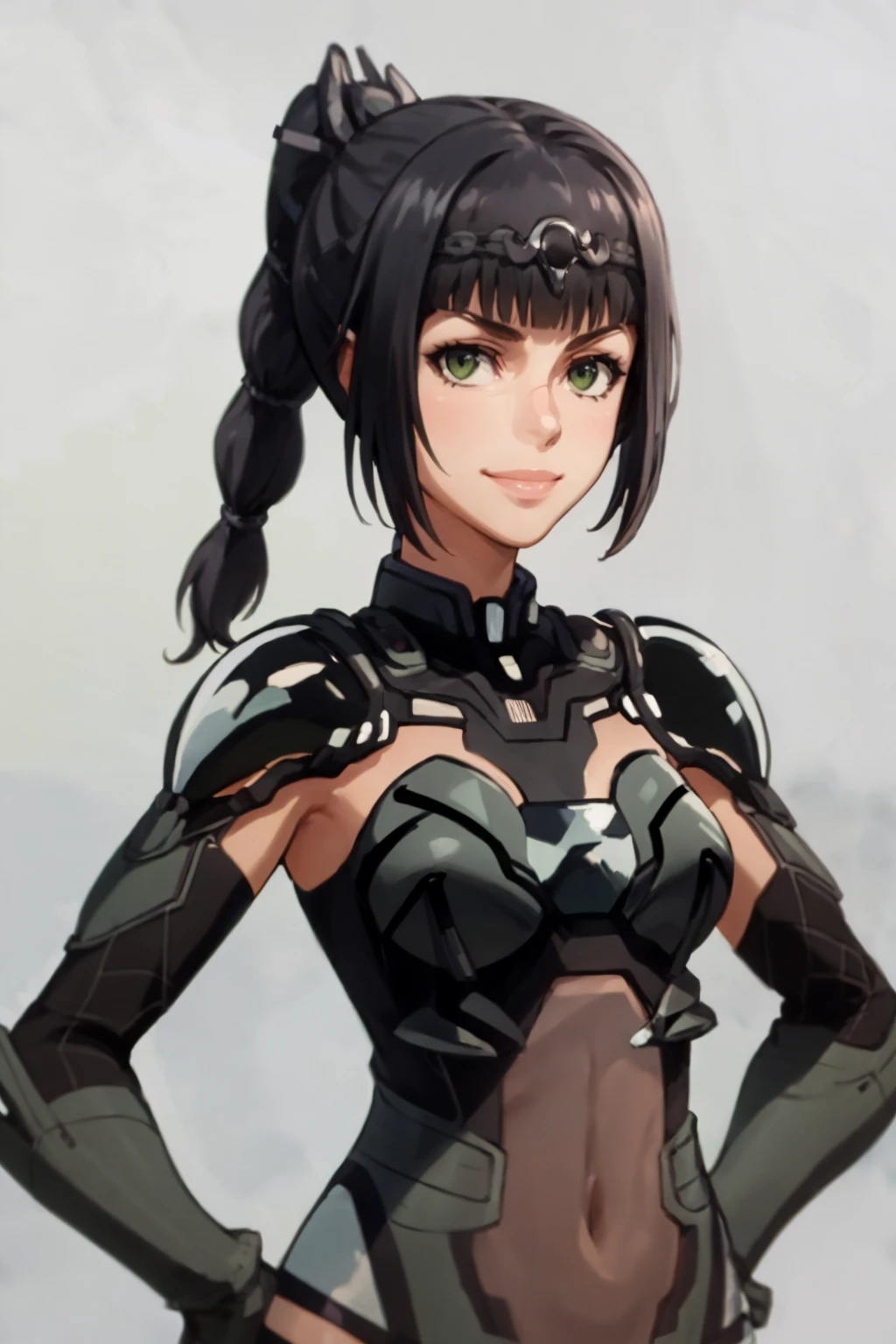 masterpiece, best quality,
1girl, shadowheart, black hair, braided ponytail, green eyes, circlet, astsuit, armor
upper body, looking at viewer, smile, hands on hips, simple background <lora:ShadowHeartV2:0.8>
<lora:ASTsuit:1>