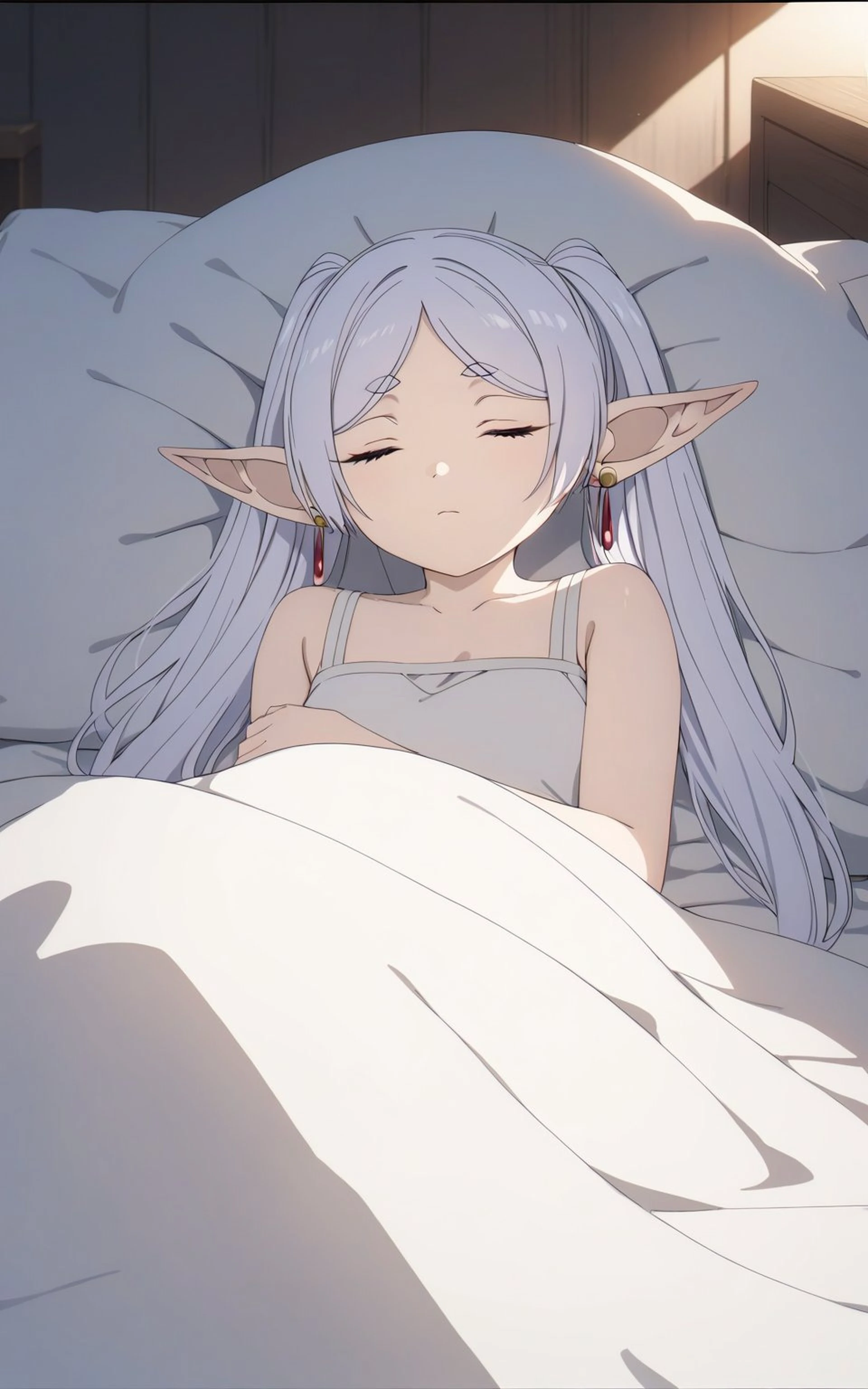 frierens, simple dress, under the covers, sleep, closed eyes, correct anatomy, cute, beautiful eyes, many details, super detailed, atmospheric lighting, high quality, (masterpiece:1.3), HD,  <lora:frierens:1>

Negative prompt: 
Steps: 30, Sampler: Euler a, Schedule type: Automatic, CFG scale: 7, Seed: , Size: 960x1536, Model hash: 8421598e93, Lora hashes: "frierens: 1bf74fbdd13e", Version: 1.9.4