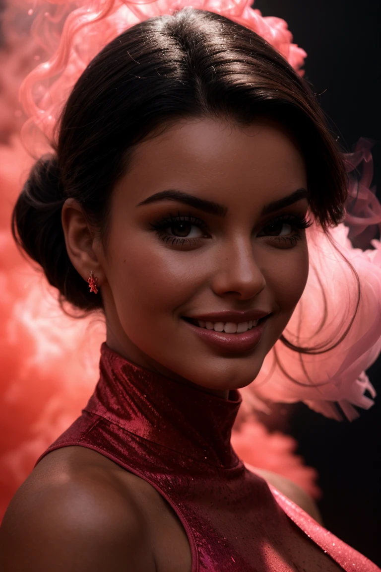 (Facial Close Up Short, Portrait:1.3) Tower13_Chanelle (skinny, slim, slender, narrow waist:1.3) ((Photo Focus, DOF, Aperture, insanely detailed and intricate, character, hypermaximalist, hyper realistic, super detailed, (lens flare))) (Red Spandex Dress:1.3) (Red and Black liquid backdrop:1.3) (smile:1.3) <lora:exposure_control_v10:-0.2> <lora:more_details:0.3>(Volumetric Pink Smoke:1.4)(Fire:1.3)