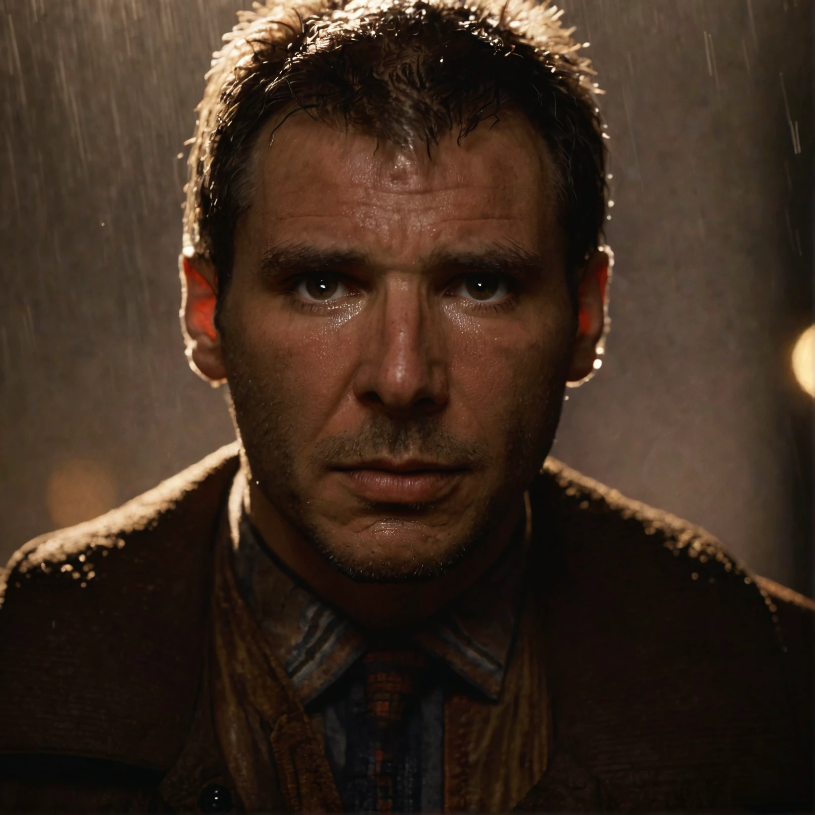 a close-up of dck ,raining,brown jacket,looking at viewer,front view,high resolution photo,gloomy,dimly lit
,street background,volumetric lighting,volumetric fog,front view,cinematic,movie still,looking at viewer,volumetric lighting,rim lighting,illuminated face,realistic skin,pores,sweaty skin