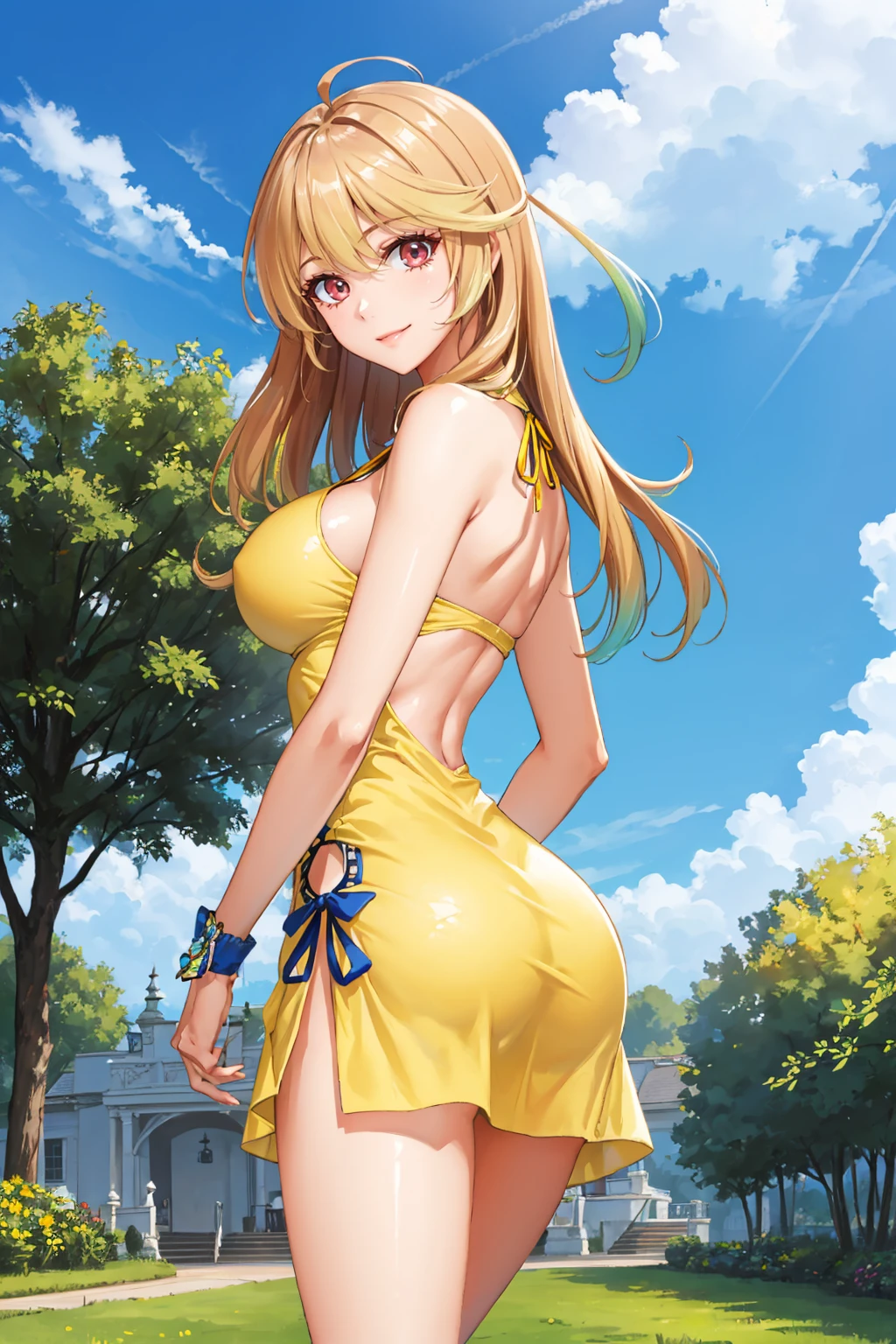 masterpiece, best quality, 1girl, <lora:toxmilla-nvwls-v1-000009:0.9> tox2milla, multicolored hair, ahoge, large breasts, (yellow sundress:1.3), from behind, garden, blue sky, smile