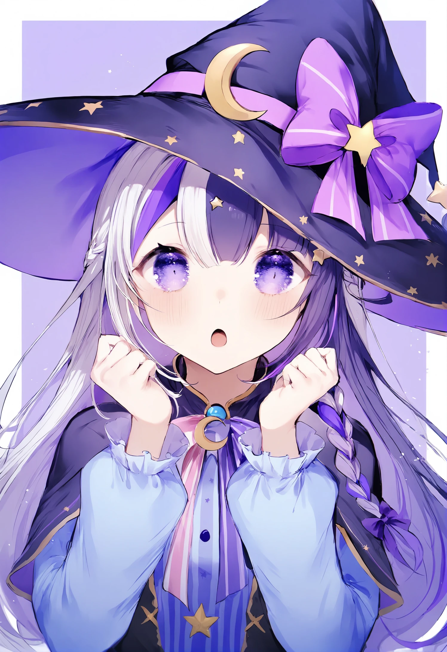 1girl,
noyu \(noyu23386566\),
purple bow, star print, very long hair, blue dress, brooch, upper body, striped clothes, blue eyes, braid, purple background, looking at viewer, solo, purple bowtie, hands up, white background, two-tone bowtie, hat, striped bow, multicolored hair, long hair, print bow, star hat ornament, vertical-striped clothes, star \(symbol\), witch hat, jewelry, white border, bow, dress, virtual youtuber, streaked hair, white hair, pink bow, long sleeves, bowtie, outside border, vertical-striped dress, open mouth, hat ornament, hair ornament, purple hair, purple eyes, blue hair, :o, hair between eyes, border, two-tone hair, crescent hat ornament, crescent, blush, purple hat, striped dress,
masterpiece, best quality, newest
<lora:noyu_(noyu23386566)_image145_2024-03-28_a31-000048:1>