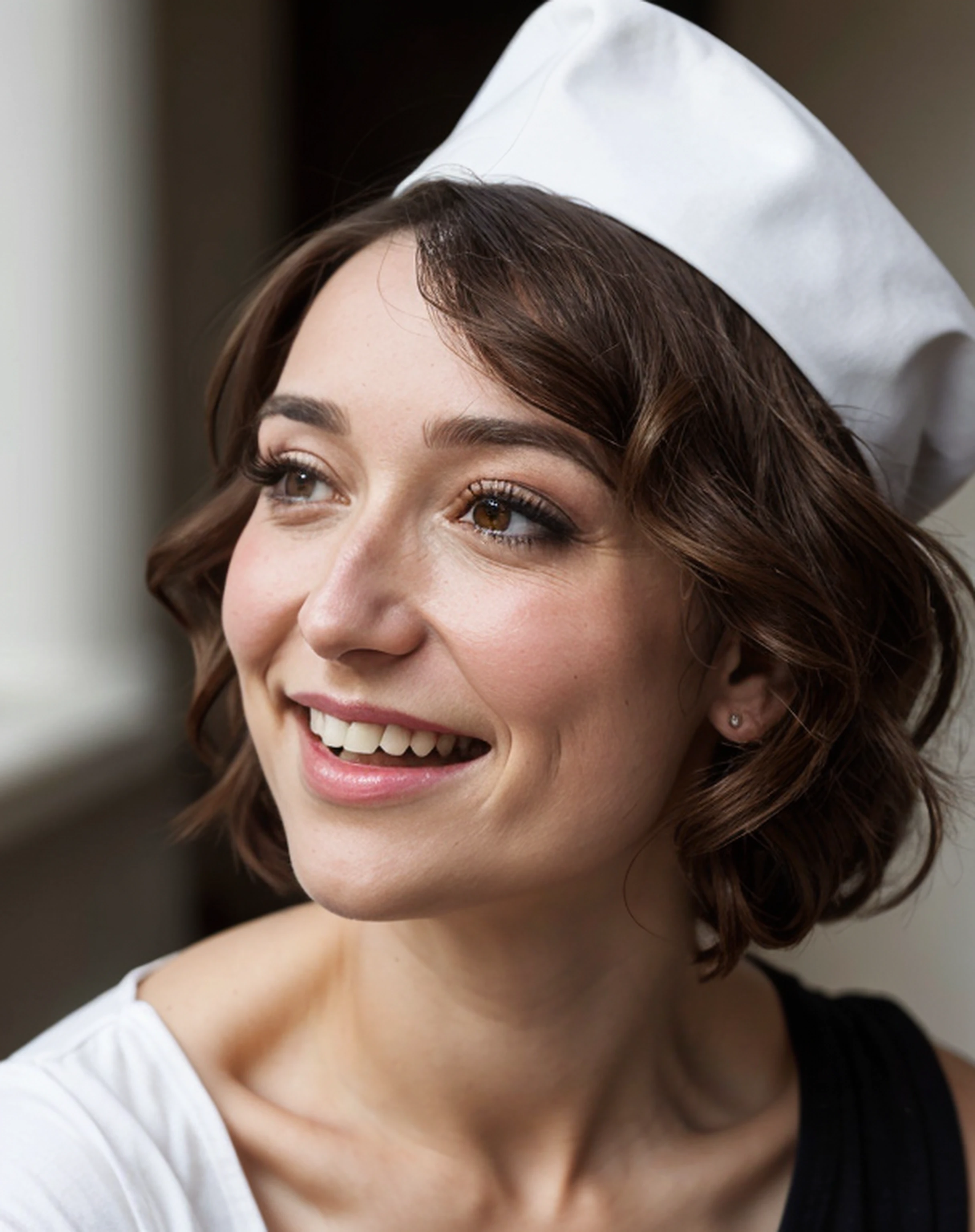 a professional absurdres intricately detailed sharp focus photograph of a beautiful 1girl m3l4n1a_V with a bright smile wearing a red dress with gold filagree trim  in a warmly lit cottage kitchen wielding a 19th century sword,