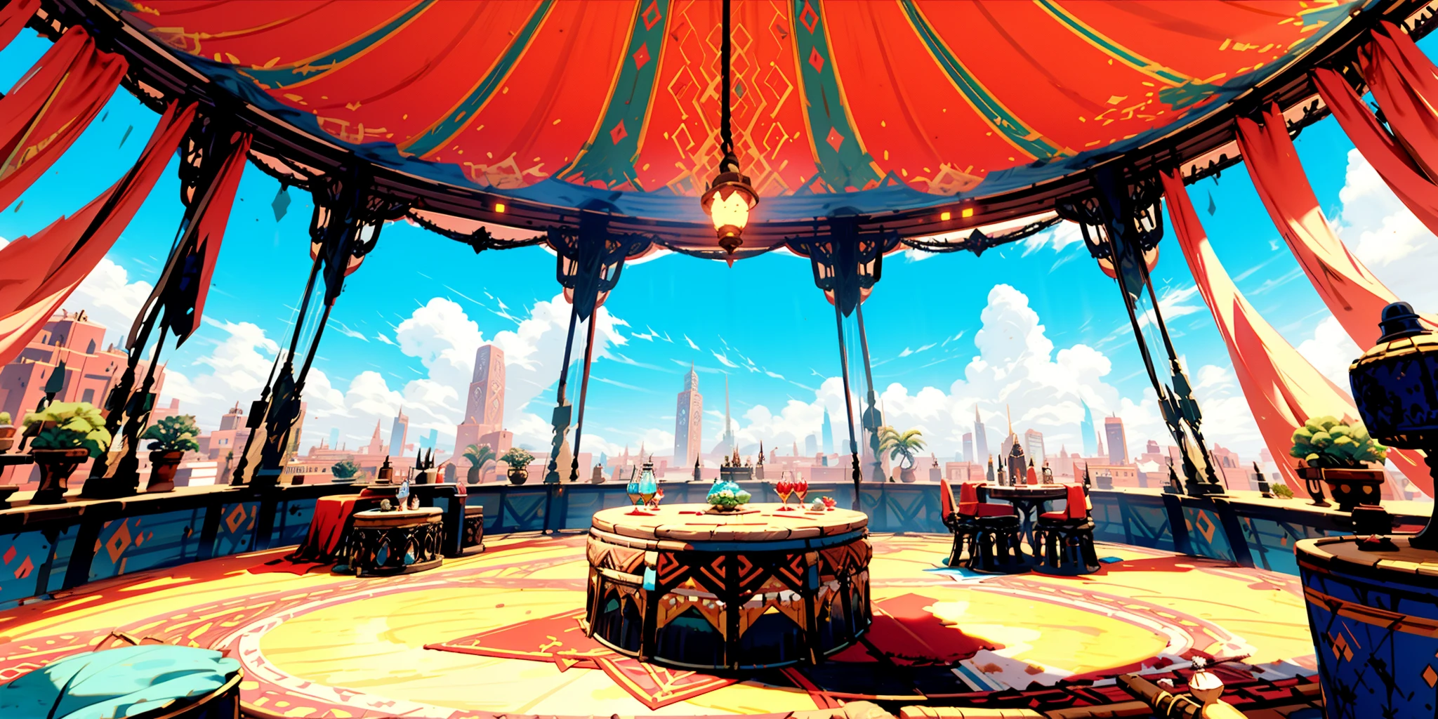 HEZI,game concept scene,riHEZI, game concept scene, rich colors, gorgeous, details, quadratic style, fresh illustration, scenery, sky, no humans, cloud, day, outdoors, plant, blue sky, fantasy, table, city, potted plant, building, tree, cityscape, banner, curtains