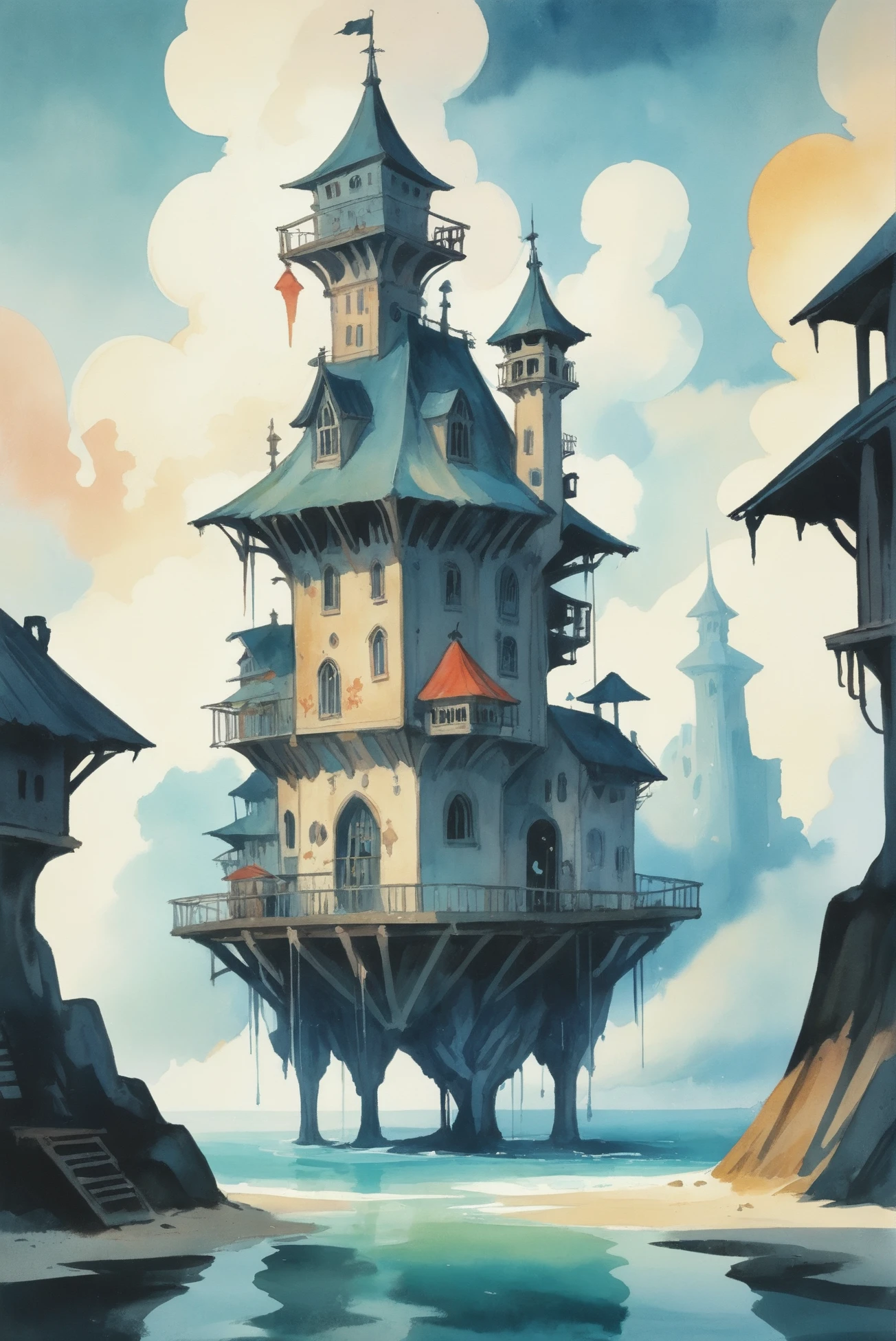 rough gothic anime watercolor, cloud scifi village in a Deep Sea<lora:EnvyStarlightAnimeWatercolor03:1.25>