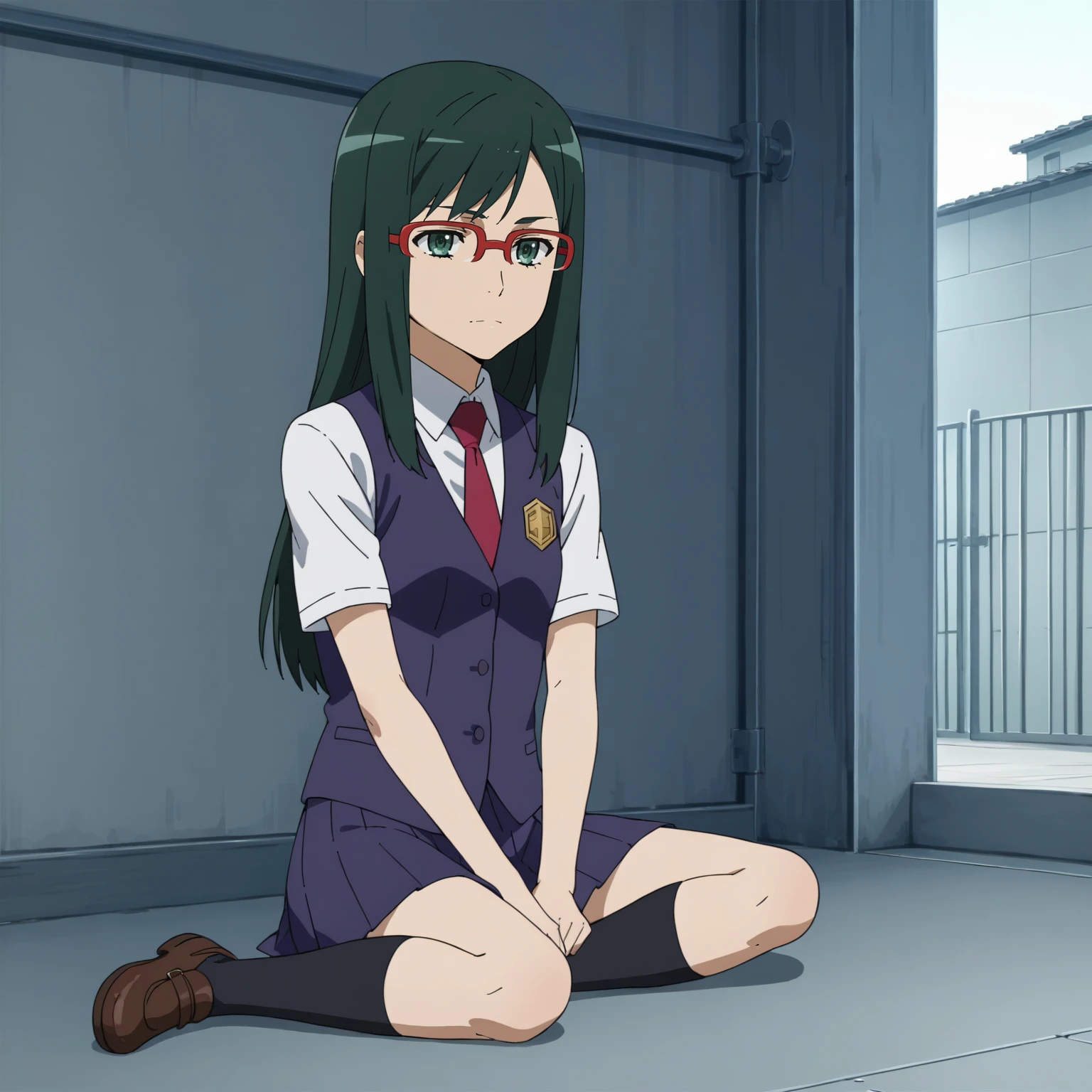 <lora:ChirikoTsurumiXLpony001>,
solo,
ChirikoTsurumi,1girl,black green hair,long hair,green eyes,
over-rim eyewear,red-framed eyewear,
white shirt,red tie,short_sleeves,purple vest,
pleated_skirt,purple skirt,
full body,sitting,