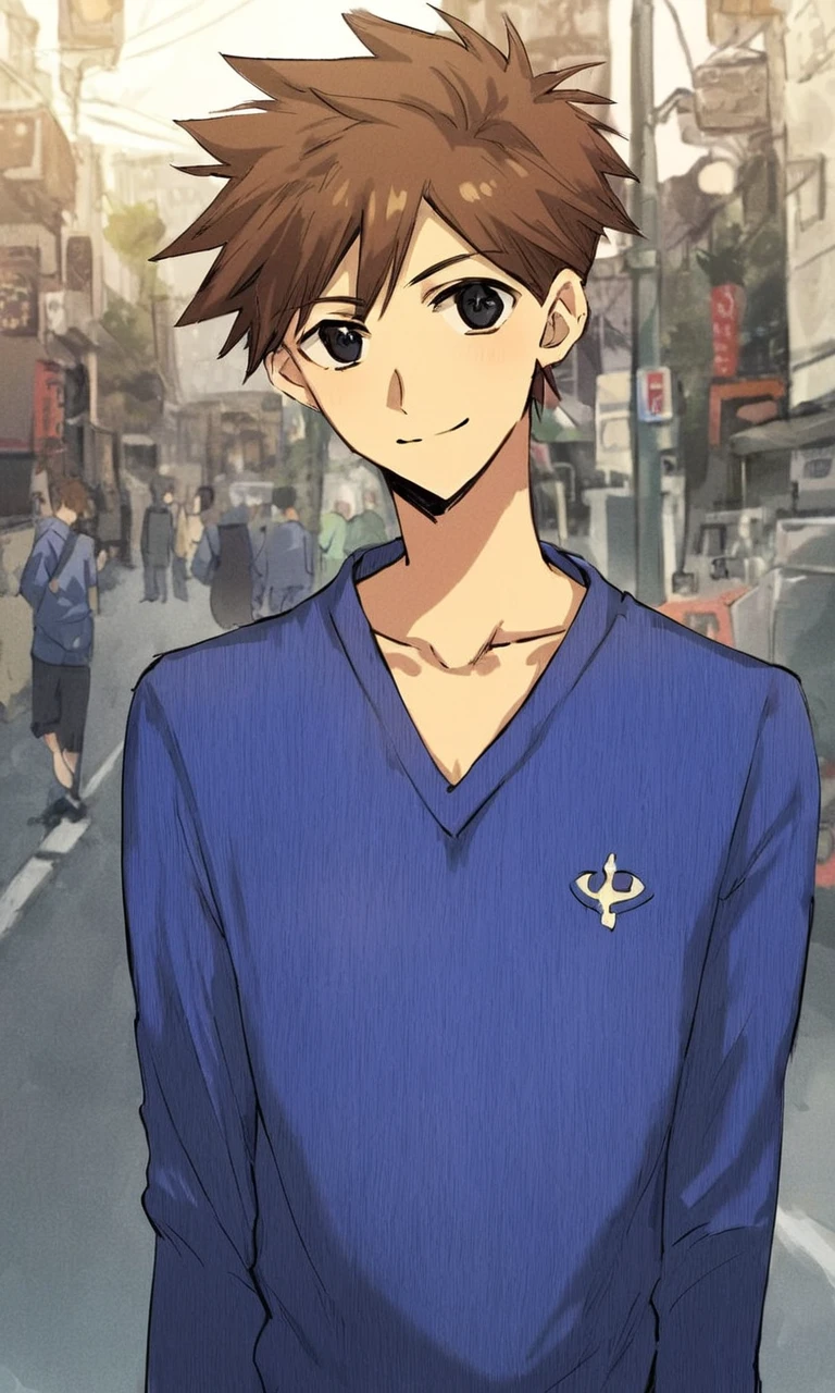 source_ANIME, score_9, score_8_up, score_7_up, score_6_up, anime illustration, detailed lighting, detailed anime illustration,BREAK
1boy, solo, 19yrs, tall, slender, heroomori, hero, brown hair, spiky hair, black eyes, blue sweater, long sleeves, collarbone, portrait, smiling, BREAK
detailed background, american suburban street, sunny day, anime background