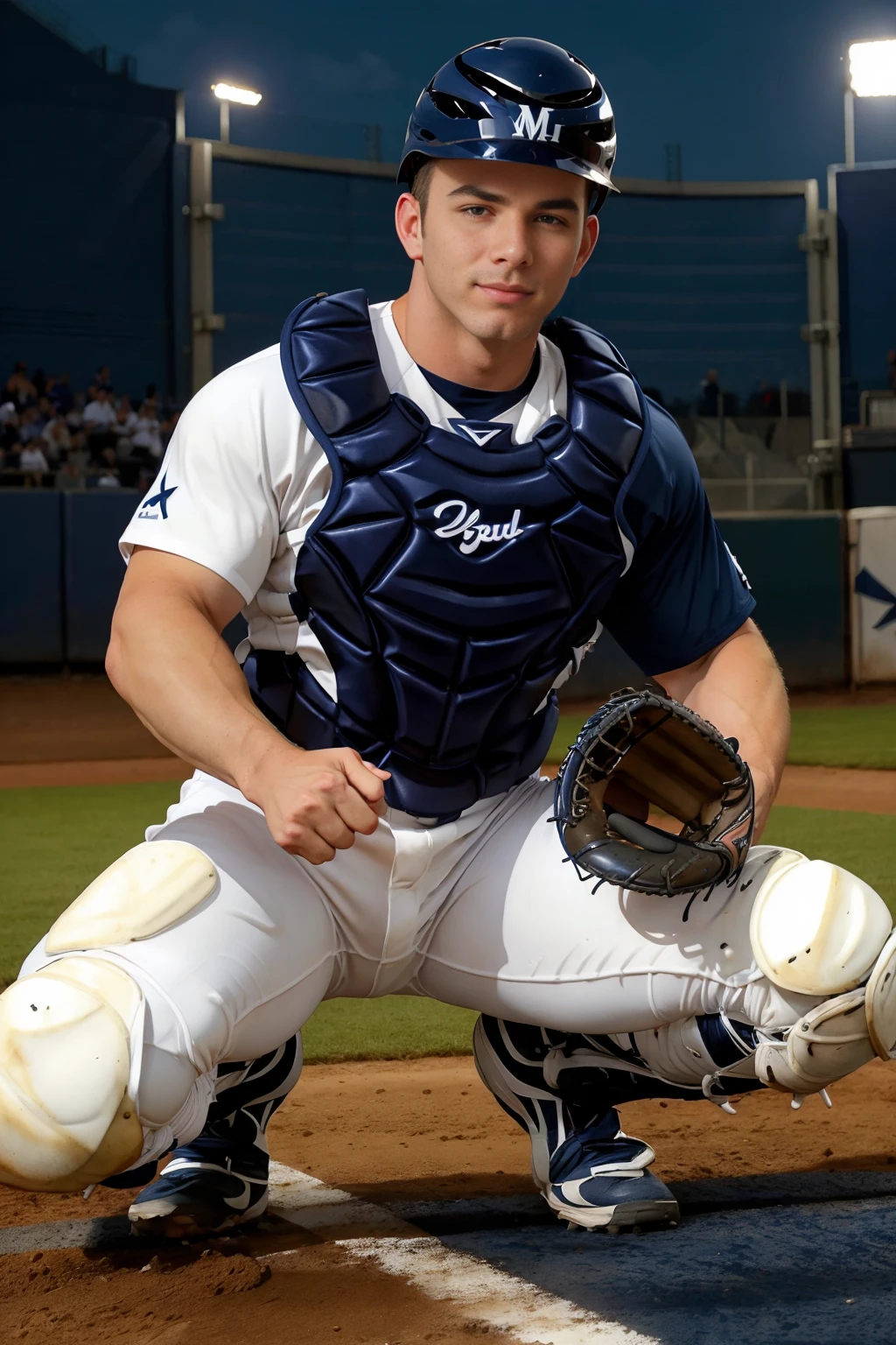 evening, outdoors, at home plate, slight smile, baseball player bsbsqt kneeling down, AddisonGraham is a baseballplayer, wearing (baseball catcher gear), (catcher chest protector), white and navy blue baseball uniform, (white jersey with navy blue pinstripes), (white pants with navy blue pinstripes), (navy blue socks), catcher helmet, catcher's mitt, (((full body portrait))), wide angle  <lora:Clothing - Sexy Baseball Player:0.5>  <lora:bsbsqt_lora:0.65>   <lora:AddisonGraham:0.8>