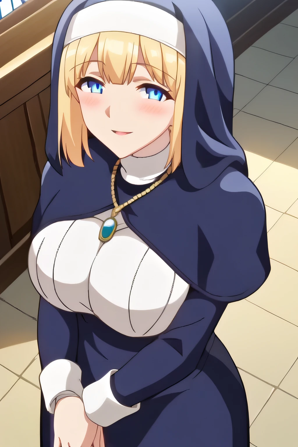 score_9, score_8_up, score_7_up, source_anime, rating_safe, intricate details, anime screencap, official style, <lora:Tianne_Ruthheim:1>, tianne, blue eyes, nun, blonde hair, turtleneck, white shirt, large breasts, looking at viewer, smile, from above, frontal view, naughty face, blush, parted lips, cowboy shot, thighighs, standing, praying, hands together