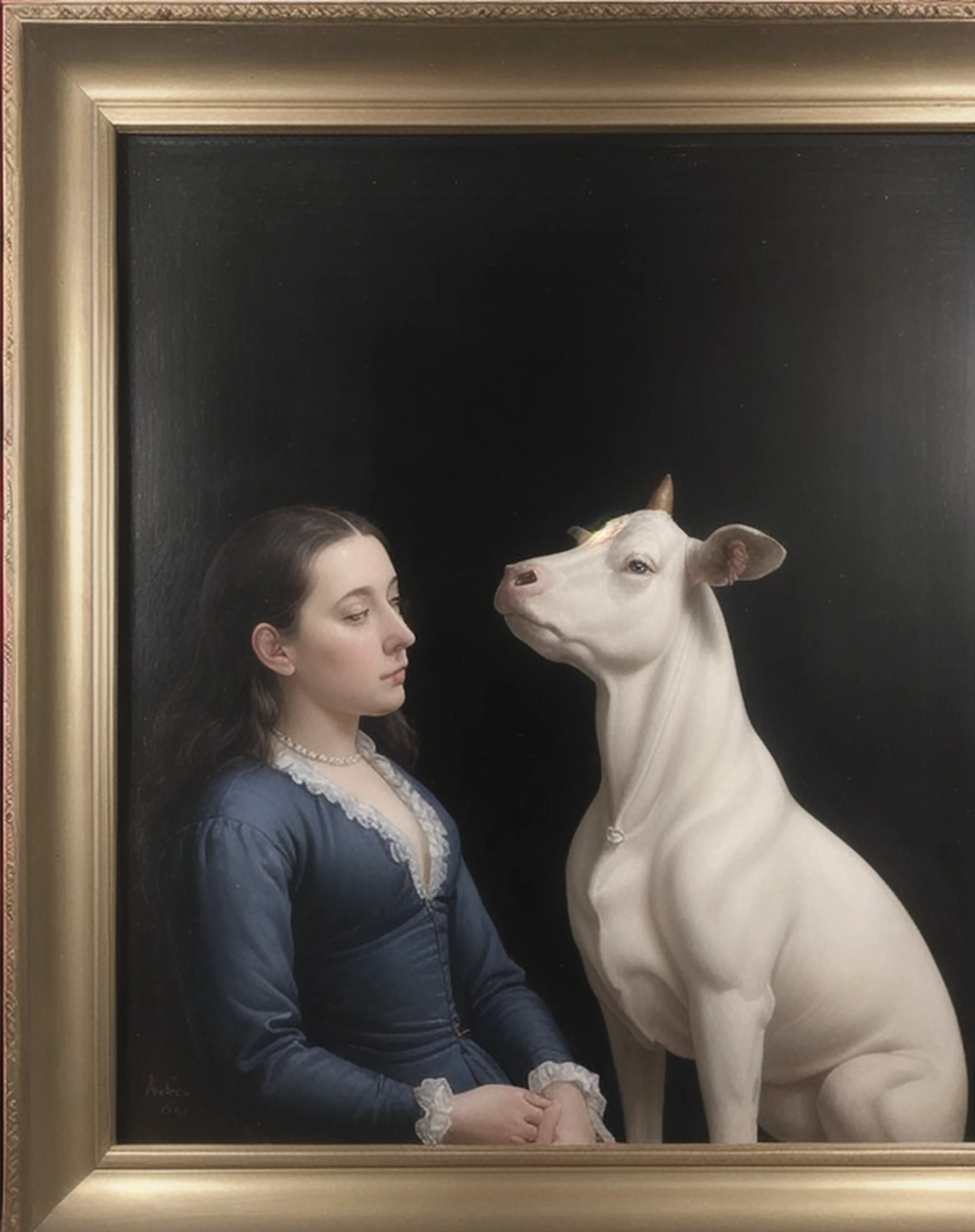a professional absurdres intricately detailed 16th-century oil painting of a blue black and gold dragon sweet-talking a cow