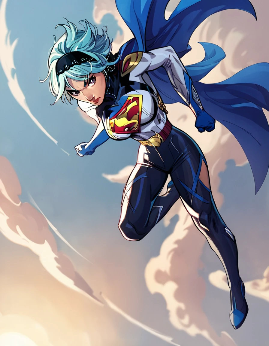 score_9, score_8_up, score_7_up,
rating_questionnable, rating_safe,source_anime,
solo,
eula, blue hair, cape,
supergirl,super hero,
flying, above clouds,
marvel comic book cover,
action pose, 
 <lora:scott_campbell:0.9>c4mpbell