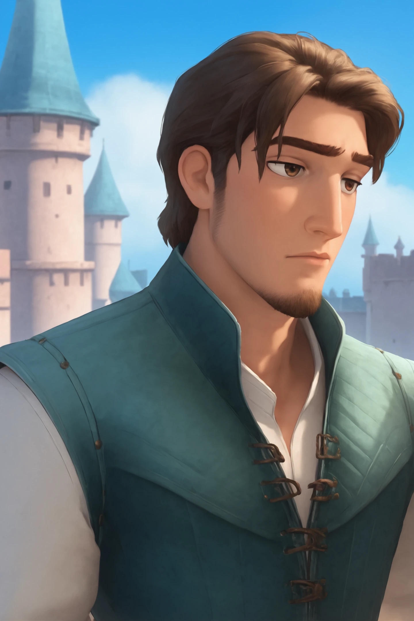 score_9, score_8_up, score_7_up, source_anime, 
(flynnrider, 1boy, brown hair, brown eyes, green vest, white shirt, facial hair), torso, pectorals, muscular, castle background
<lora:detail:1> <lora:Smooth Anime:1> <lora:Flynn_Rider_-_Tangled (1):1>