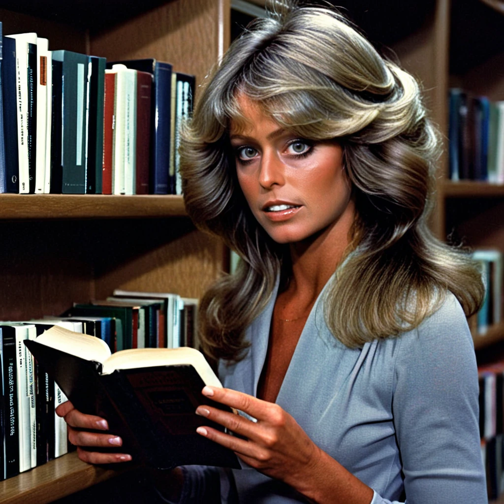 in a dark library ttecwafharraf, the, her photo <lora:Farrah Fawcett SDXL:1>