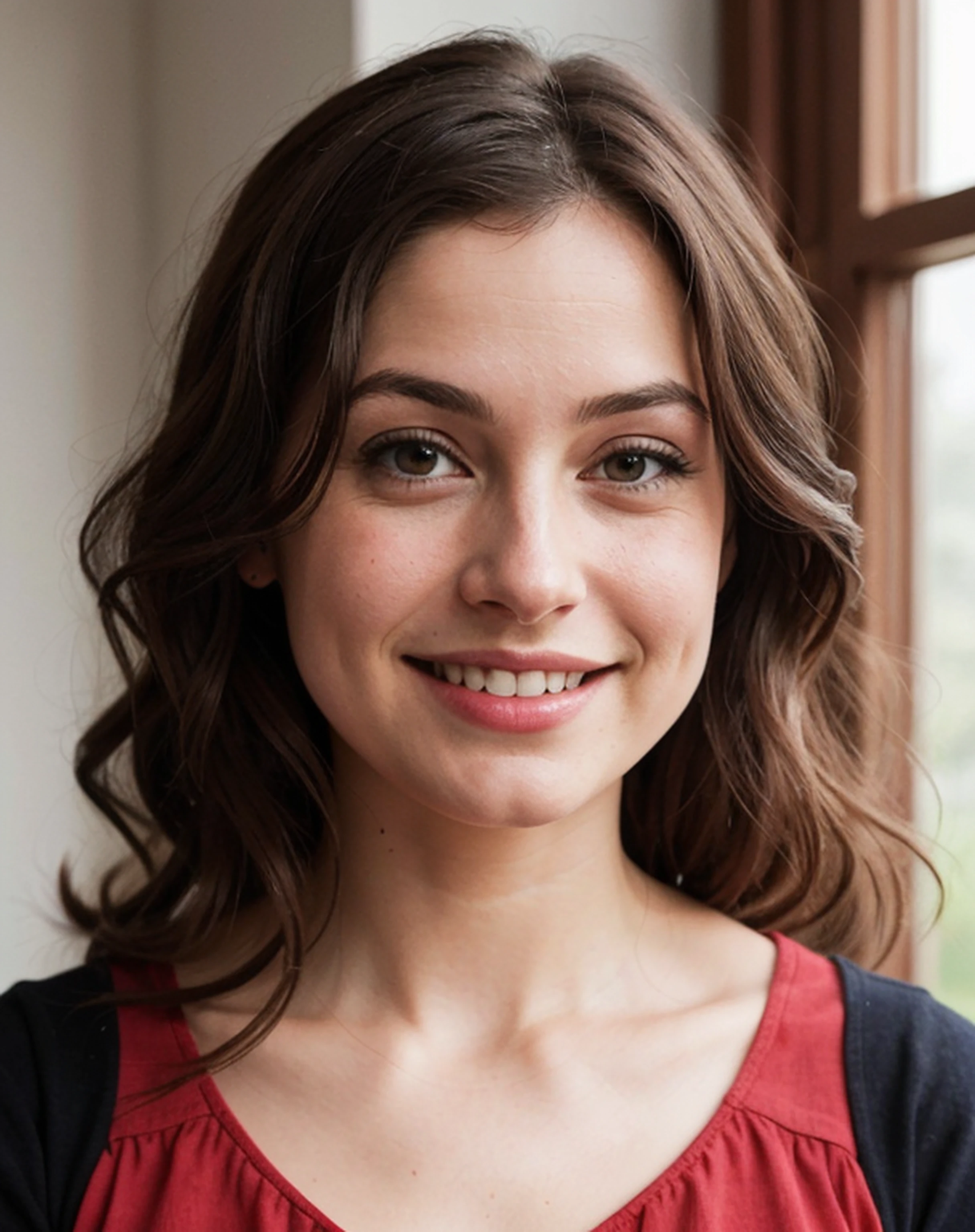 a professional absurdres intricately detailed sharp focus photograph of a beautiful 1girl (Lynds3yG4rr3tt:0.8) with a bright smile wearing a red dress with gold filagree trim  in a warmly lit cottage kitchen,