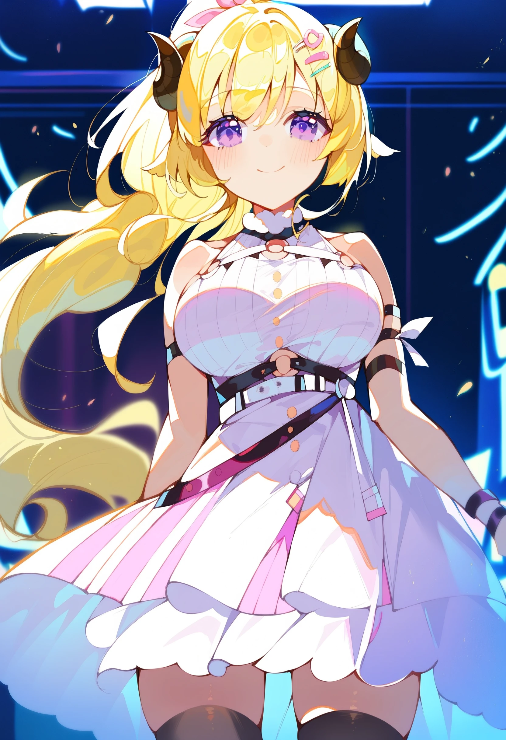 score_9, score_8_up, score_7_up, score_6_up, source anime,
tsunomaki watame, sheep girl, curled sheep horns, 1girl, solo, sheep ears, purple eyes, 
blonde hair, very long hair, hair ornament, ponytail, hairclip, ahoge,
large breasts, smile, blush, closed mouth,
white dress, sleeveless dress, white skirt, overskirt, o-ring, white belt, arm strap, thighhighs,
indoors, standing, stage,
tsunomaki fever,
<lora:monmusu_sheep_girl_v14:1>