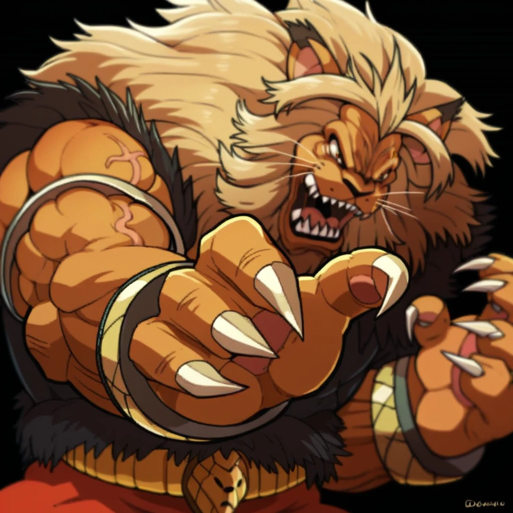 score_9, score_8_up, score_7_up BREAK Beast King, anthro lion, muscular male, 1boy, solo,, angry, teeth, open mouth, jewelry, cracking knuckles, fighting stance, large veiny muscles, large claws