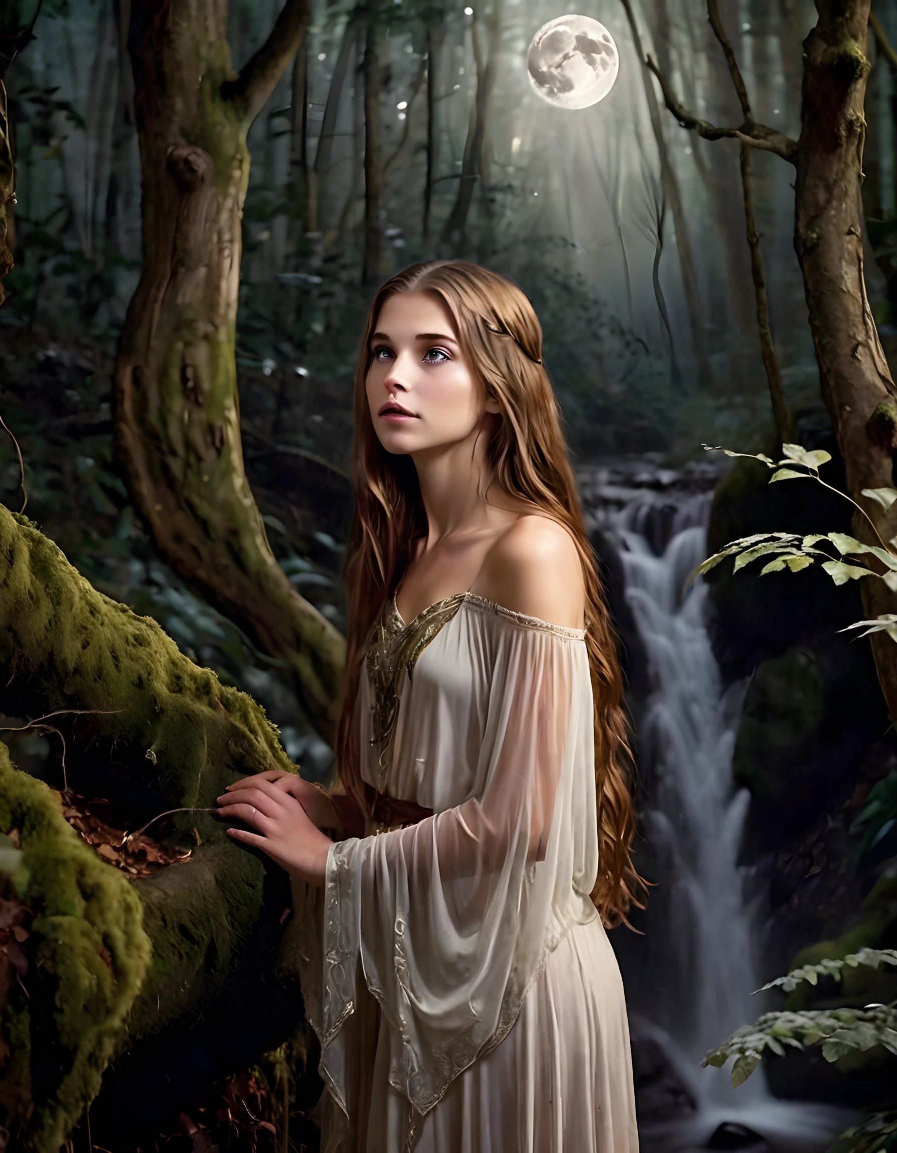 In the heart of a mystical forest bathed in the ethereal glow of a full moon, Anna stands alone, her long brown hair cascading down like a waterfall of shimmering moonbeams, her eyes capturing the essence of ancient wisdom as they gaze deeply into the soul of the observer.