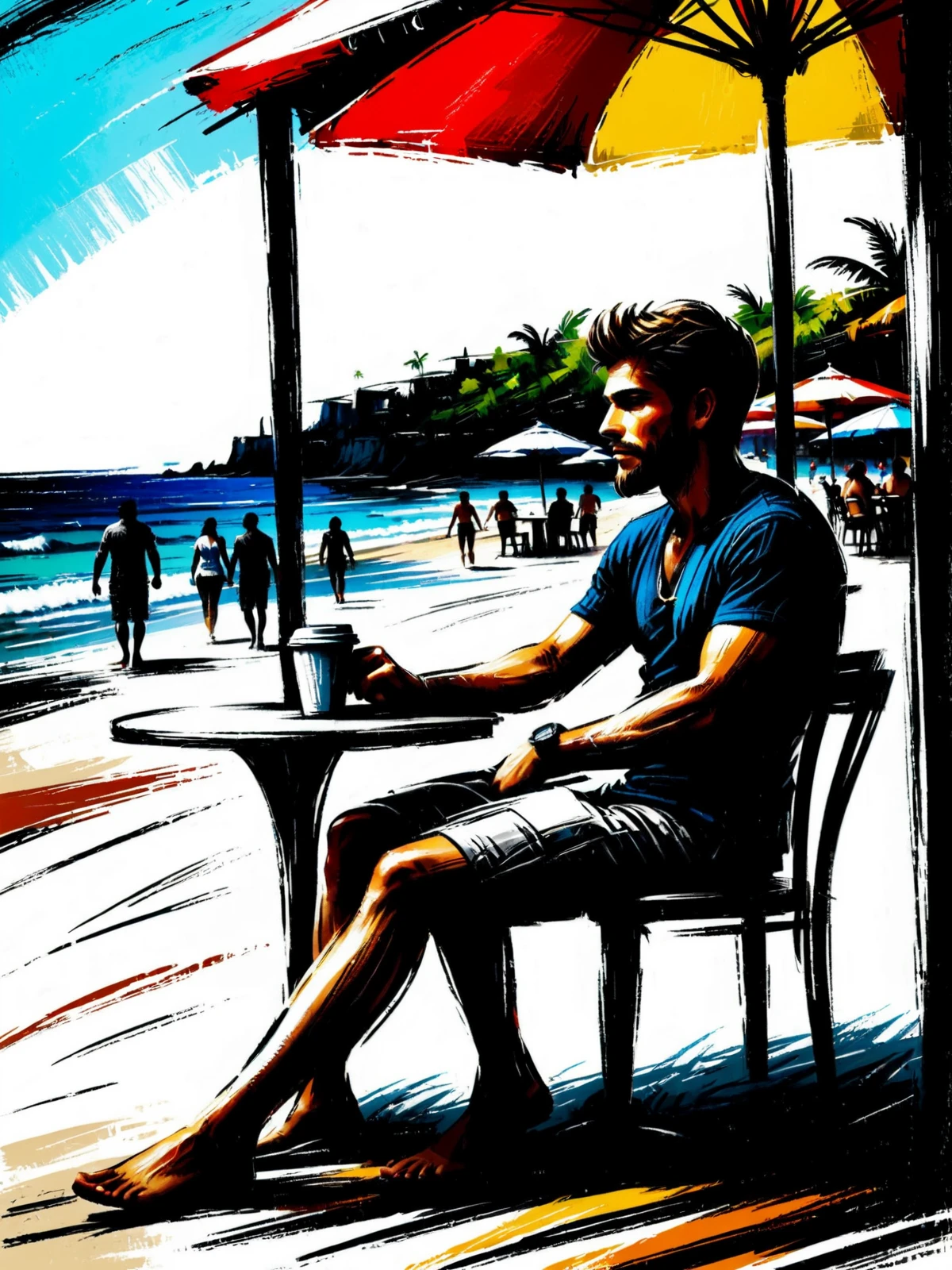 man sitting in a beach cafe, colorful mad-nksktch <lora:Ink_Sketch_SDXL:1.0>, (masterpiece:1.2), best quality