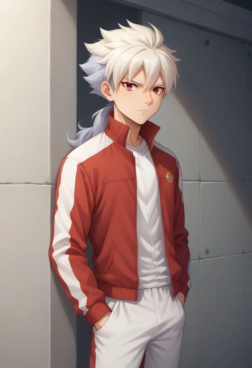 score_9, score_8_up, score_7_up, source_anime, highly detailed, 
bailong, 
solo, male focus, 1boy, sportswear, two-tone hair, multicolored hair, long hair, standing, red eyes, white hair, silver hair,
ponytail, jacket, track jacket, red jacket, white jacket, two-tone jacket, pants, white pants, red pants, two-tone pants, skinny, upper body,
outdoor,