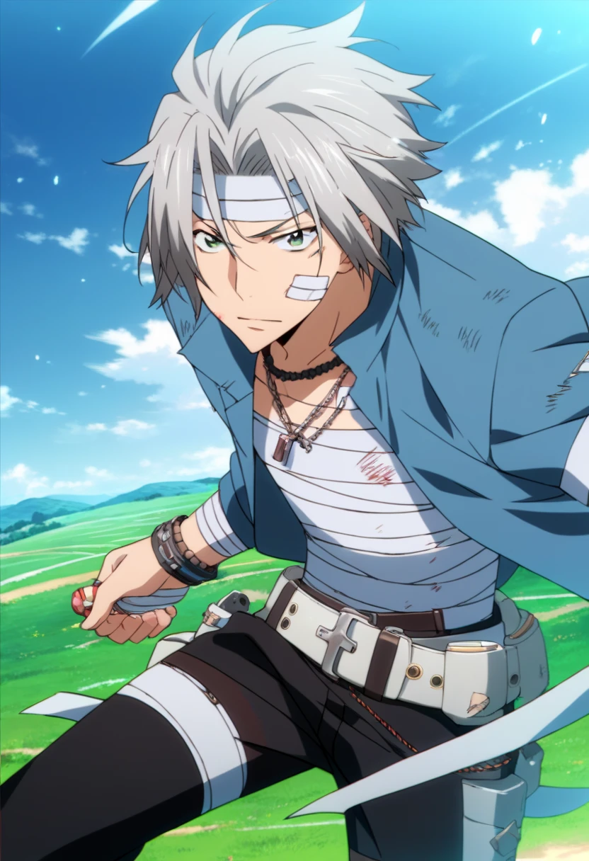 Prompt: score_9, score_8_up, score_7_up, score_6_up, highly detailed, masterpiece, best quality,detailed,intricate details, amazing quality, best aesthetic, absurdres,source_anime,hayato gokudera, grey hair, green eyes, JEWELRY, NECKLACE, BANDAGES, BELT, blue JACKET<lora:EMS-391469-EMS:1.000000>