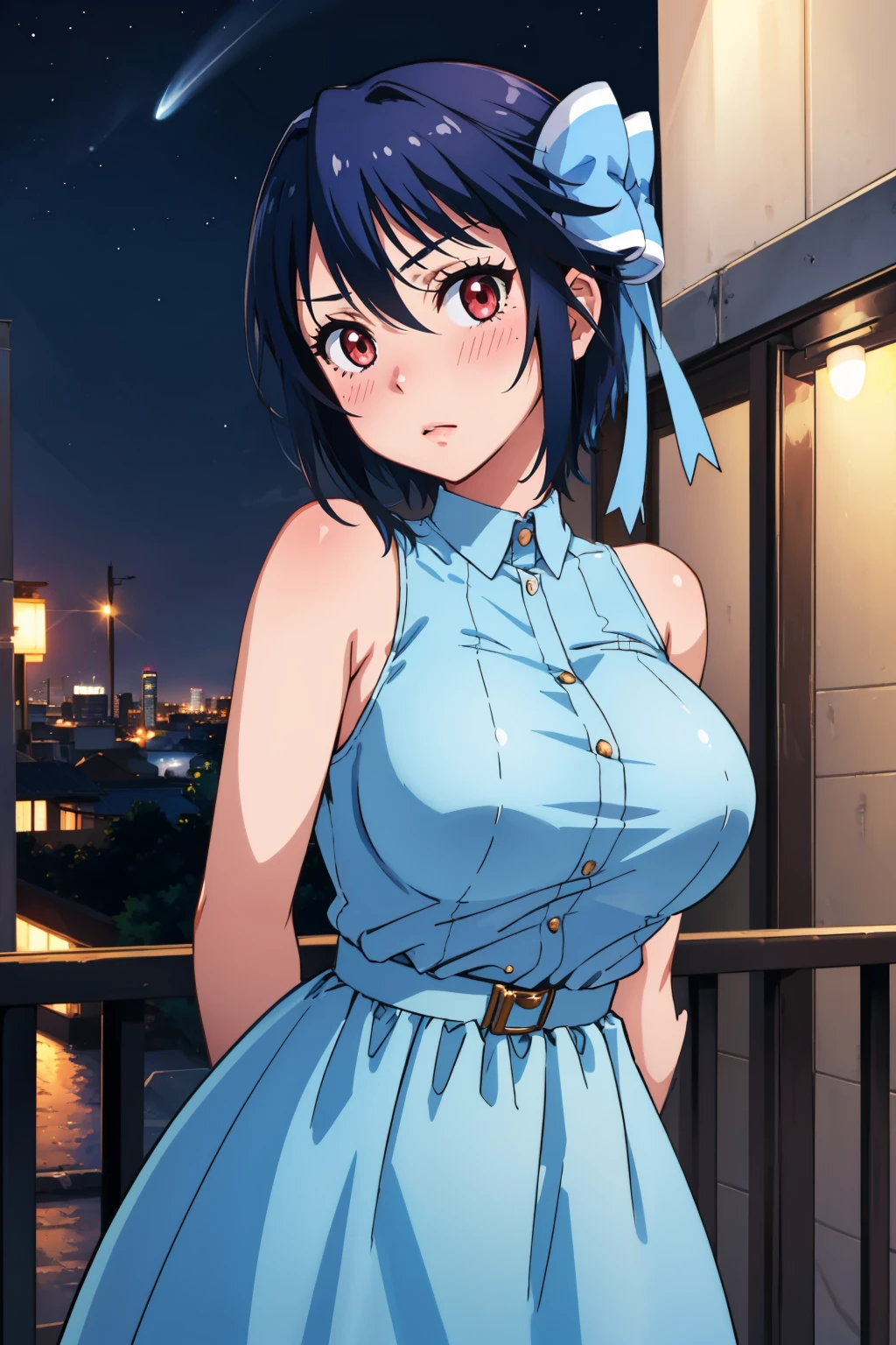 masterpiece, best quality, 1girl,  <lora:tsugumi-nvwls-v1-000008:0.9> tsugumi seishirou, hair bow, light blue dress, sleeveless dress, large breasts, looking at viewer, arms behind back, blush, night sky, city