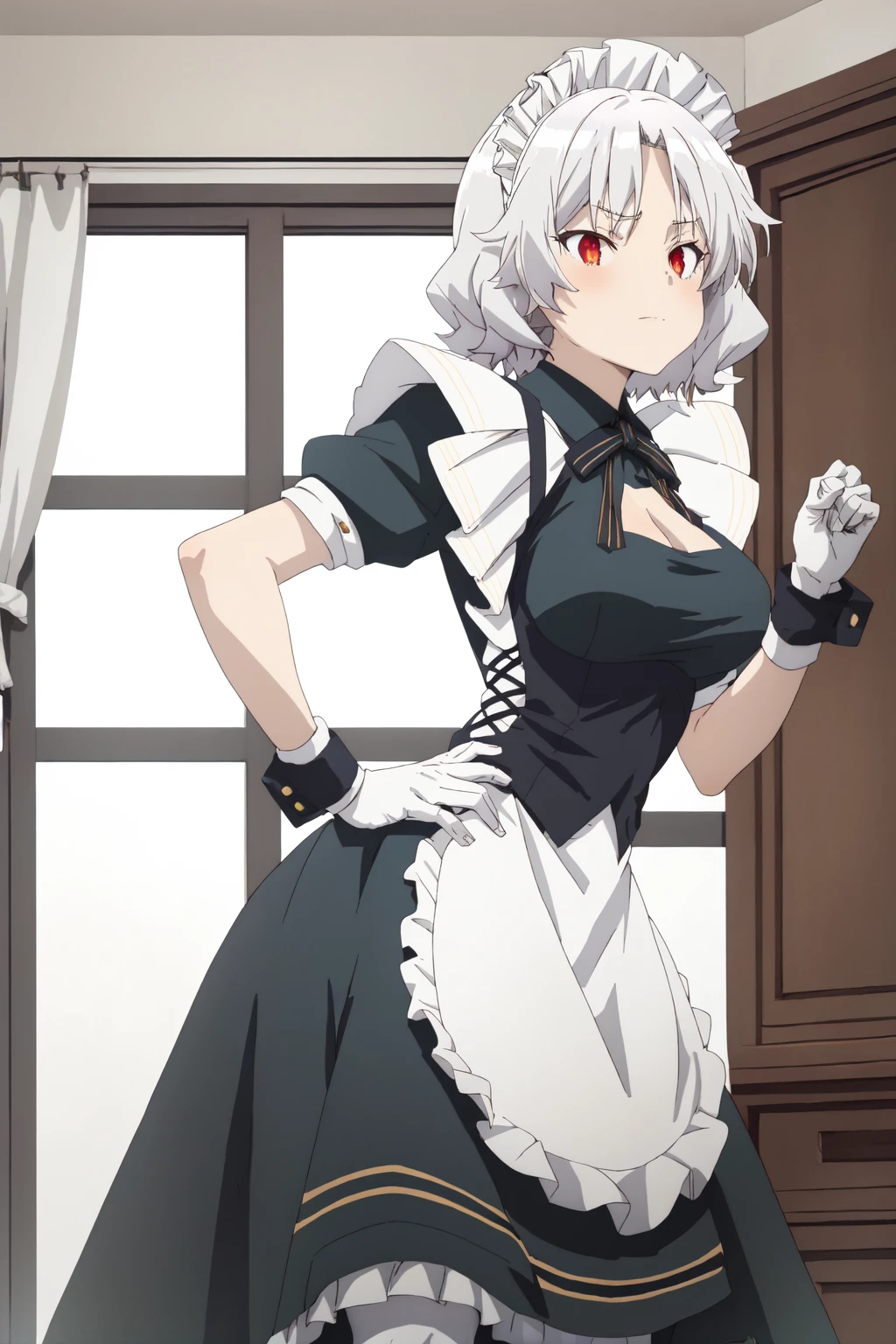 <lora:BTTina2D:1> bttina, tina holly, maid outfit, best quality, masterpiece, 1girl, solo, standing, arched back, one hand on hip, flirtatious