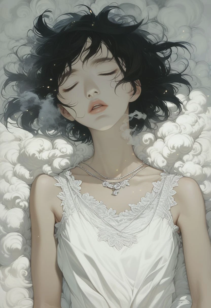 airelemental style, 1girl, solo, closed eyes, dress, black hair, white dress, parted lips, cloud, lying, lips, on back, short hair, jewelry, sleeveless, necklace, upper body, bed made of clouds, smoke, embers, air, vapor, clouds, ethereal, ethereal BREAK  PonyXLV6_Scores