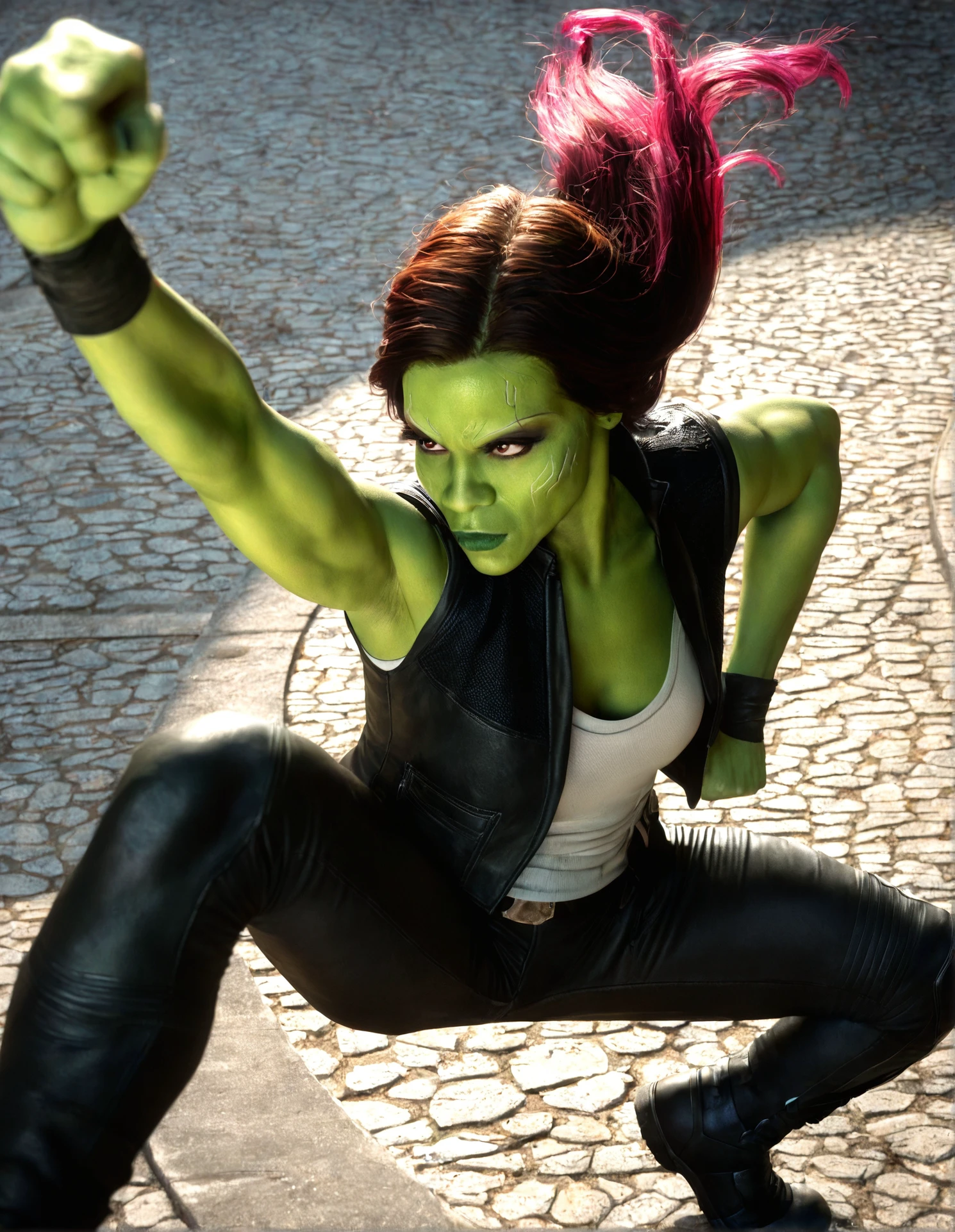 score_9, score_8_up, score_7_up,high res,full body shot,high resolution,realistic,gmra woman,vest,pants,female,green skin,from high angle,kicking goku