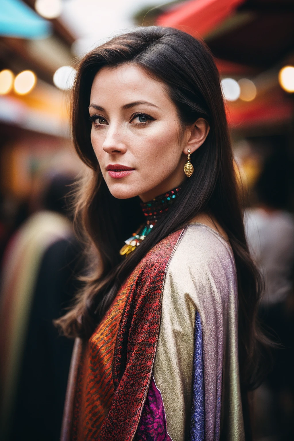 JaneS_SoloTI_v1,
(Mixing and matching bold patterns and textures, with eclectic layers and statement accessories, showcasing a unique personal style)
(Within a vibrant street market, with stalls overflowing with colorful wares and the scent of exotic spices wafting through the air, where every corner holds a new discovery:1.3),
(seductive:1.3),(analog, cinematic, film grain, hazy atmosphere, cinematic shot:1.3),, PA7_Portrait-MCU,