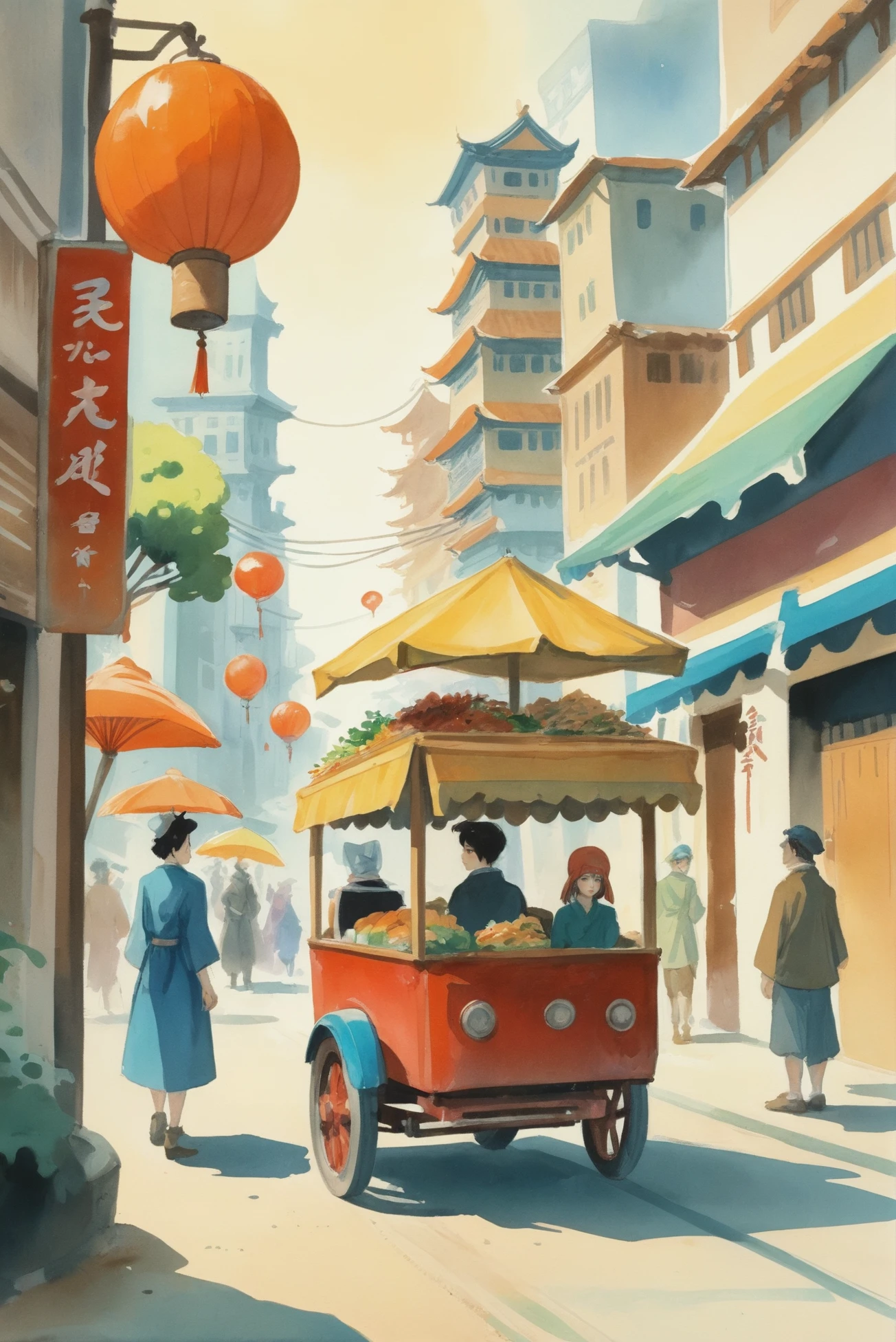 rough fantasy anime watercolor, noodle cart in a utopian fantasy megacity at the beginning of the multiverse, masterpiece<lora:EnvyStarlightAnimeWatercolor03:1.25>