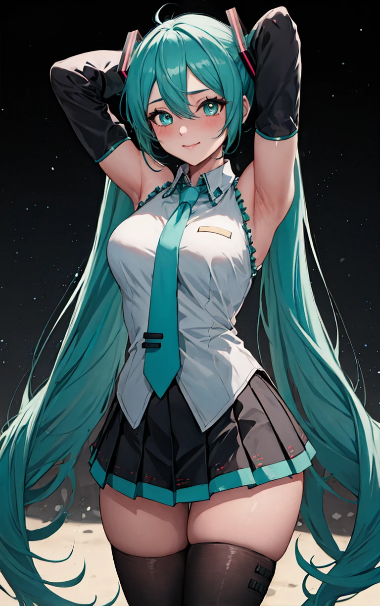 ((masterpiece, best quality)), insaneres, absurdres, solo, looking at viewer, 
MainOutfit_HatsumeMiku_ownwaifu, 
1girl, aqua eyes, aqua hair, hatsune miku, twintails, very long hair, hair ornament, bangs, hair between eyes, shoulder tattoo, medium breasts, shiny hair, number tattoo, eyelashes, bright pupils,
grey shirt, collared shirt, bare shoulders, pleated skirt, miniskirt, black thighhighs, zettai ryouiki, detached sleeves, sleeveless shirt, black sleeves, aqua necktie, black skirt, long sleeves, wide sleeves, sleeves past wrists, frills, wing collar, 
(contrapposto, arms behind head), sidelighting,<lora:ANIME_HatsumeMiku_ownwaifu:0.8>,
 depth of field, light particles,