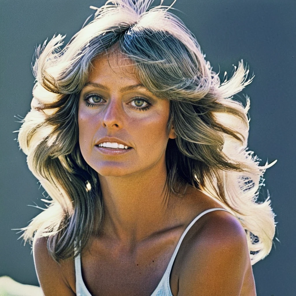 portrait outdoors in the sun ttecwafharraf, the, her <lora:Farrah Fawcett SDXL:1> photo