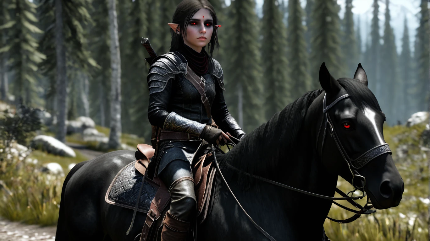 19 years old elf girl, a rogue elf girl, ((riding a black horse with red eyes riding on a trail in Skyrim)), wear belted leather clothes, with many weapon on her body, zoomedout:-0.90, raw, masterpiece, extreme ultra best picture, extreme ultra intricate creative detail, extreme hyper realistic detail, extreme ultra hyper photo realism, extreme ultra-hyper immersive visuals, extreme 3D realistic, ultra 4080p, HD, VFX, SFX, FKAA, TXAA, RTX, SSAO, 19 year old elf