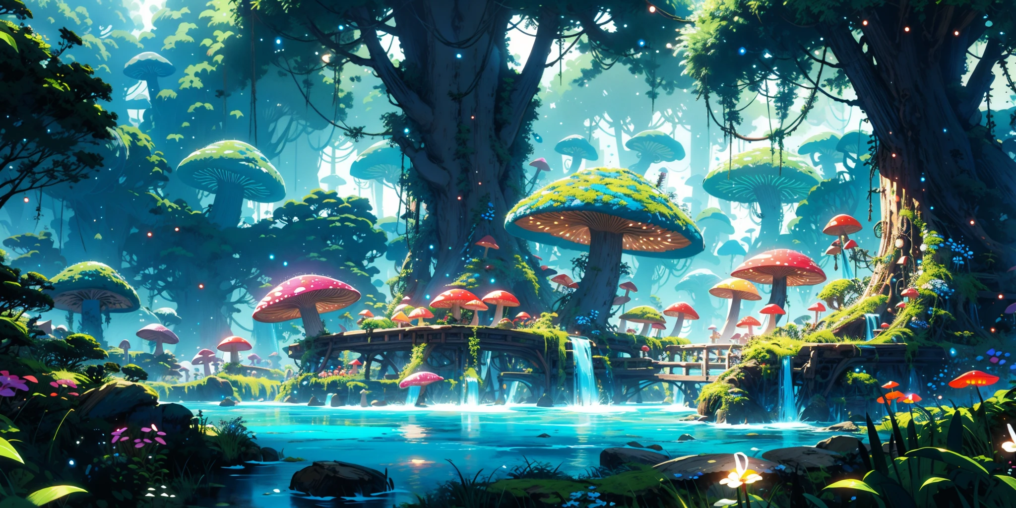 HEZI,game concept scene,rich colors,gorgeous,details,quadratic style,fresh illustration,scenery,outdoors,tree,water,fantasy,day,flower,bird,mushroom,nature,sky,grass,no humans,plant,fireflies,light particles,moss,1girl,glowing,building,forest,sunlight,blue sky,bridge,vines,solo,